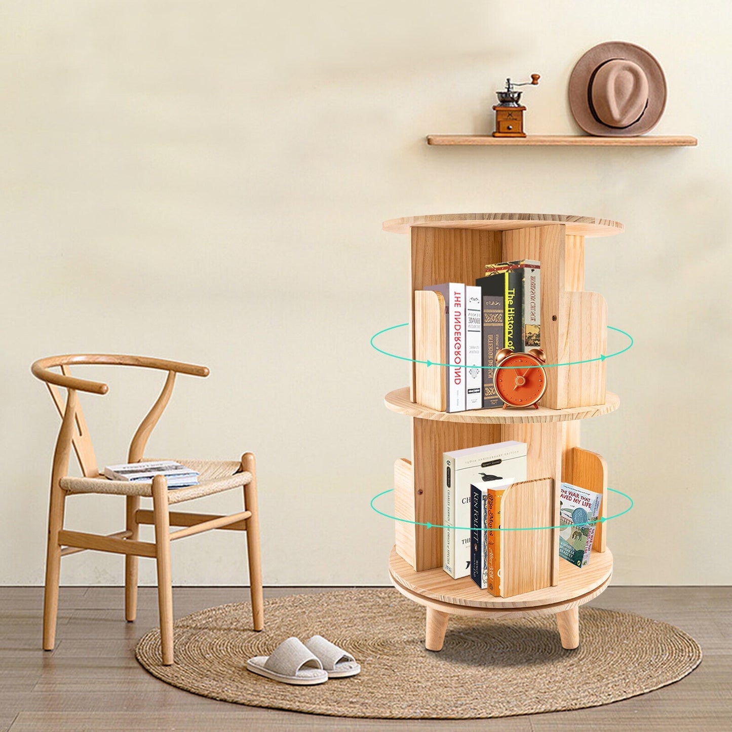 2 Tier Rotating Bookshelf, 360 Display Floor Standing Bookcase Storage Rack, Multi-Functional Freestanding Bookshelf Organizer for Kids&Adults, Wood