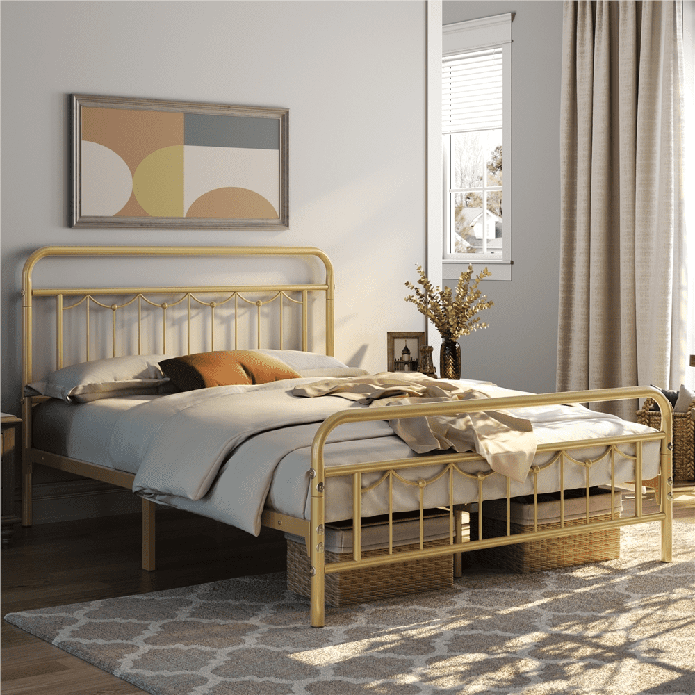 Alden Design Metal Platform Full Bed with Vintage Headboard and Footboard, Antique Gold