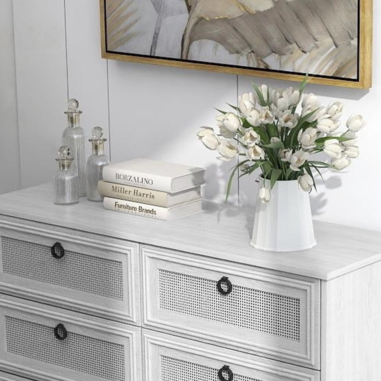 HUJAUU Dresser for Bedroom, Rattan 6 Drawer Dresser, Wide Chest of Drawers for Living Room, Closet, Hallway, Nursery, White