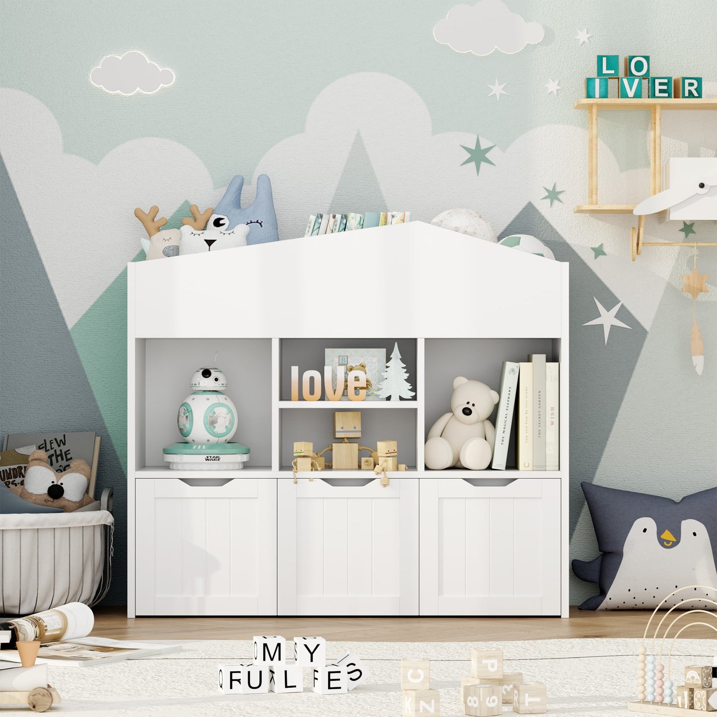 Homfa 3-in-1 Kids Toy Storage Cabinet Bookshelf with 3 Drawers, 39.4in L x 12.8in W x 35.4in H Sturdy Toy Organizer Kids Room, White