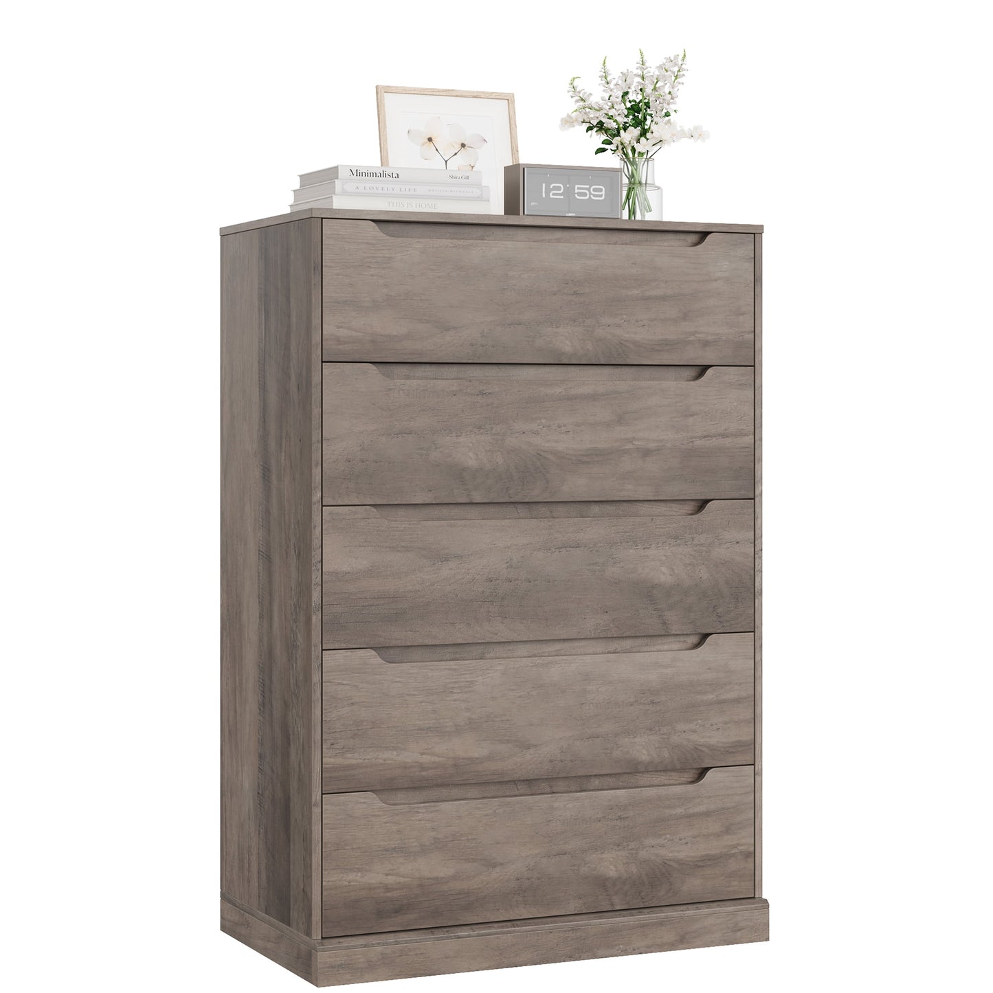 Homfa Vertical 5 Drawer Dresser, Wood Storage Cabinet with Upgraded Stable Base for Bedroom Living Room, Gray