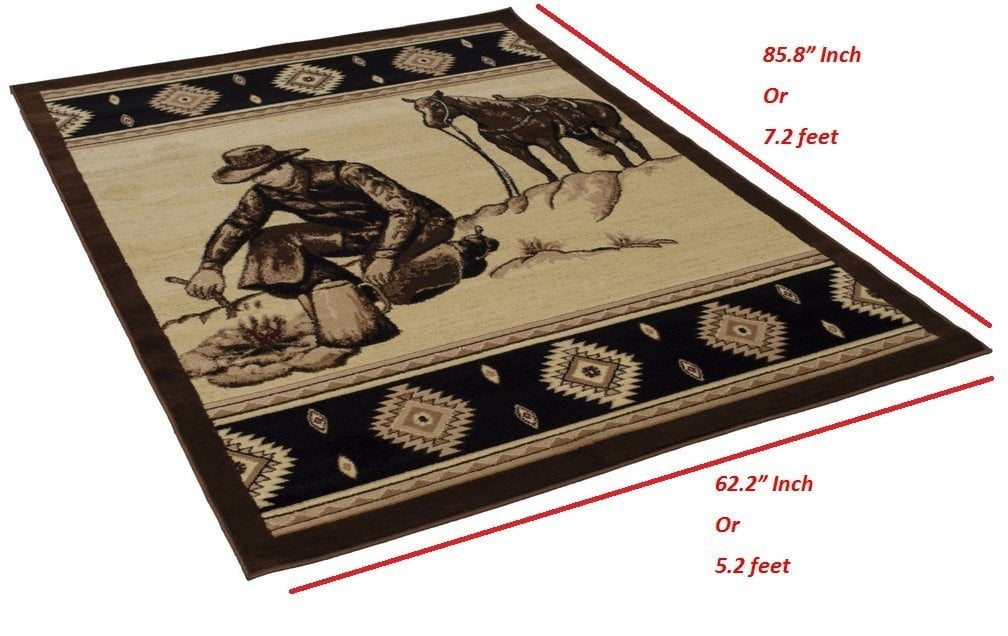 Handcraft Rugs Cabin Rug Lodge, Cabin Nature and Animals Area Rug Modern Southwestern Design Cabin Area Rug Abstract, Chocolate Brown/BeigeCowboy/Horse 5x7 feet