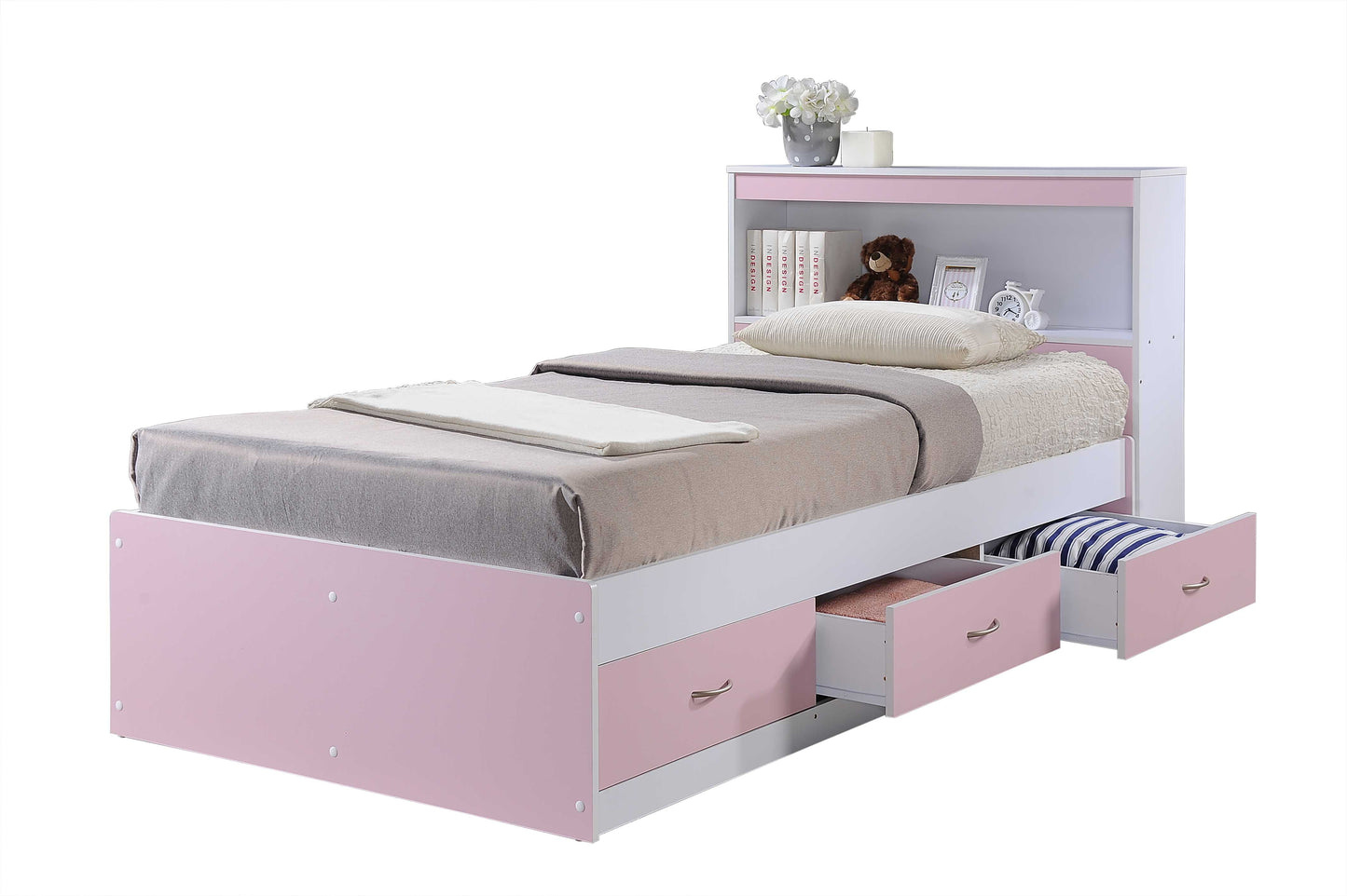 Hodedah Twin-Size Captain Bed with 3-Drawers and Headboard in Pink