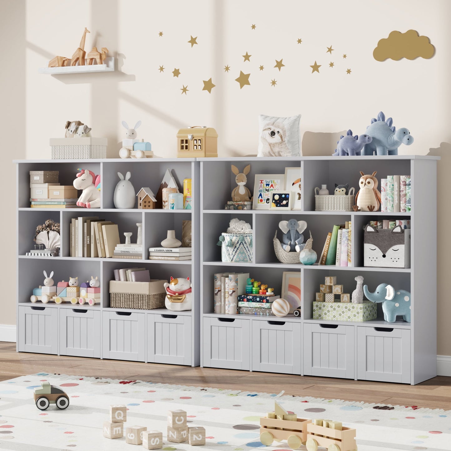 Homfa 7 Cube Toy Storage Organizer, Kids Geometric Bookcase and Bookshelf with 4 Drawers, Gray