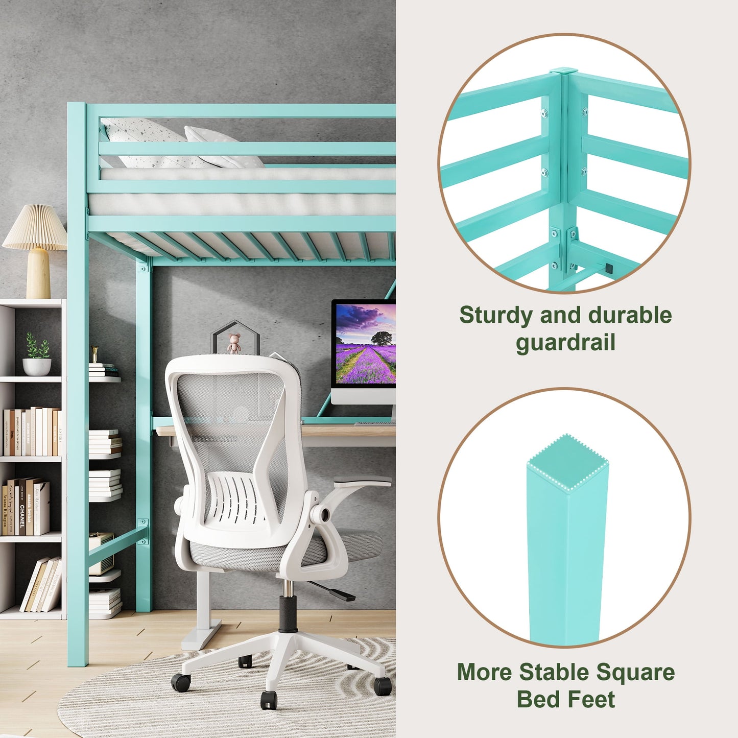 Amolife Apple Green Twin Loft Heavy Duty Bunk Bed Frame with Stairs, Full-Length Guardrail, Kids