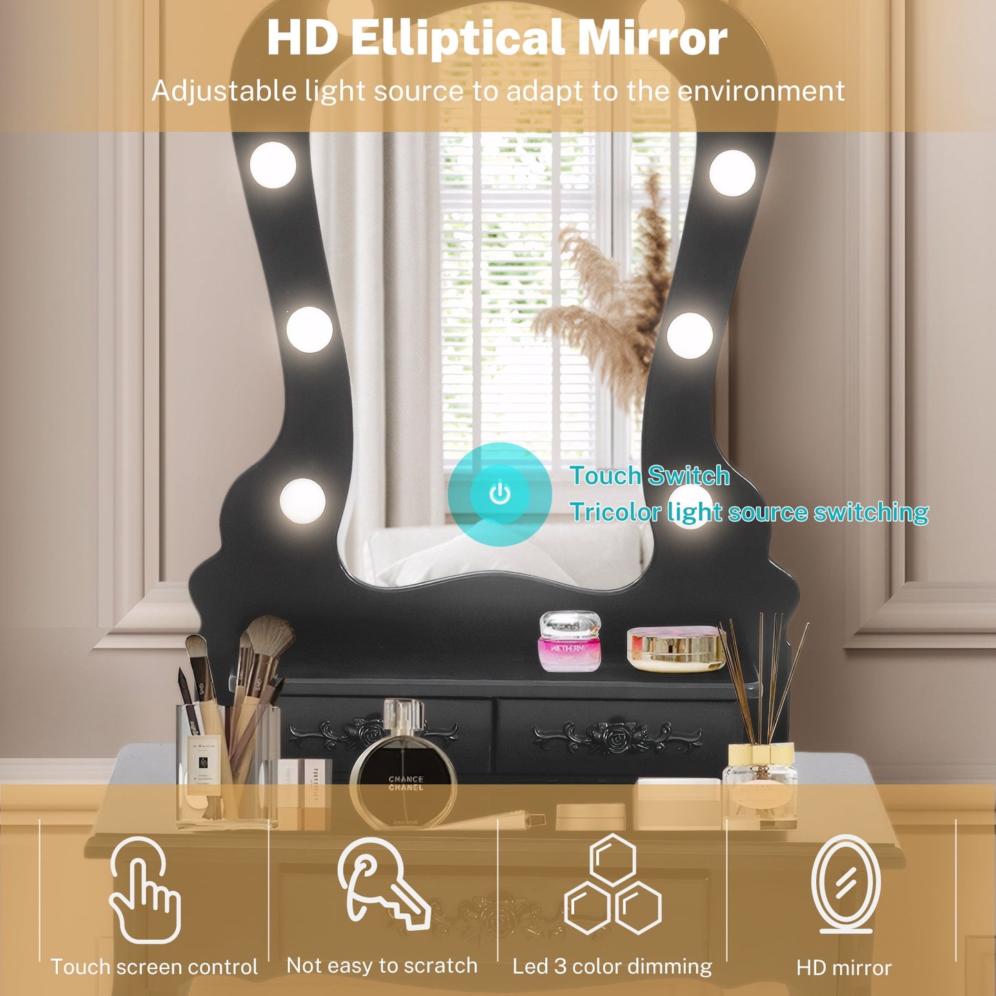 HSUNNS Modern Vanity Set, 4 Drawers Makeup Desk with Cushion Stool & Storage Shelves, Sliding Mirror, Black