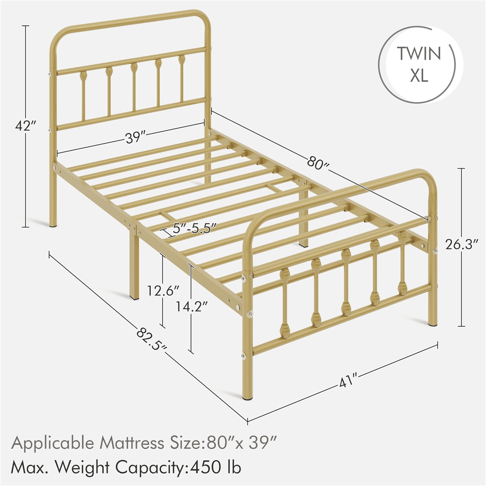 Alden Design Metal Platform Twin XL Bed with High Headboard, Antique Gold