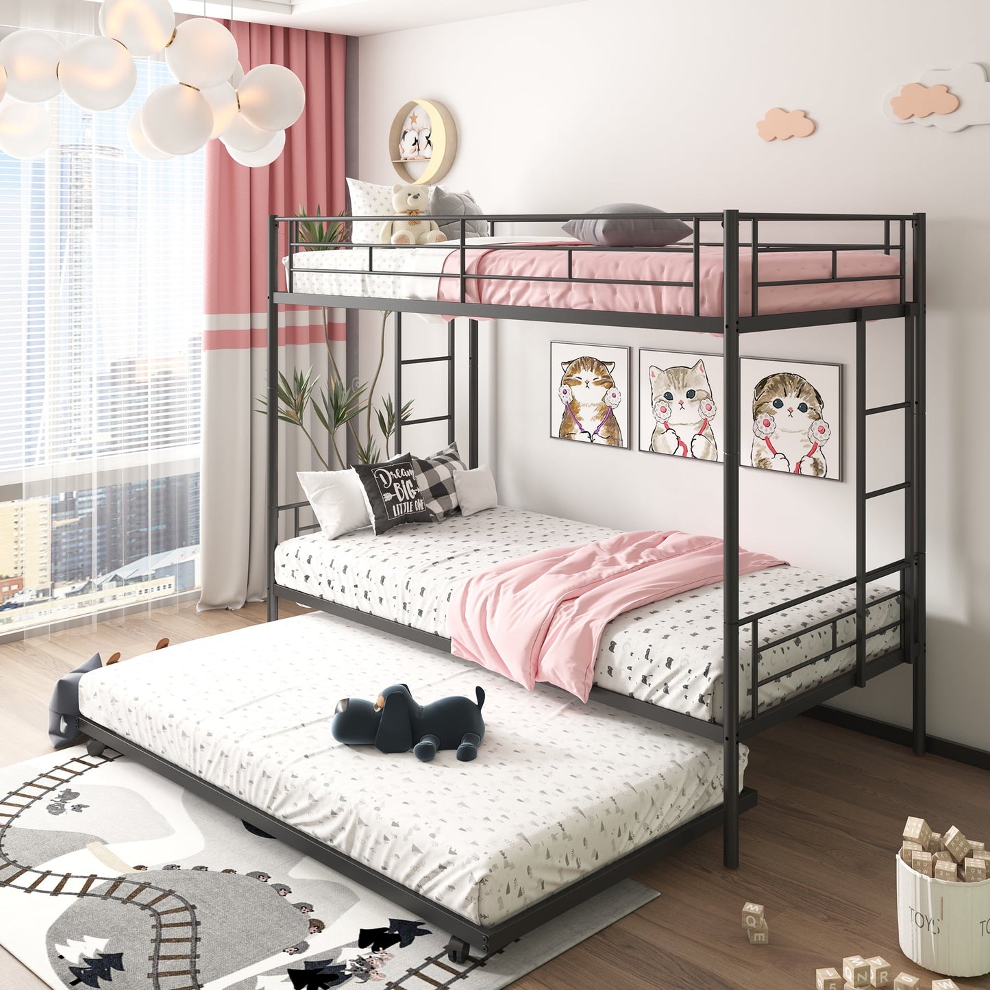 Heavy Duty Bunk Bed Frame, Kids Twin Over Twin Metal Bunk Bed with Flat Ladder & Safety Guardrail, Convertible Trundle Bunk Bed Frame, for Dorm, Bedroom, Guest Room, No Box Spring Needed, Black, D6467