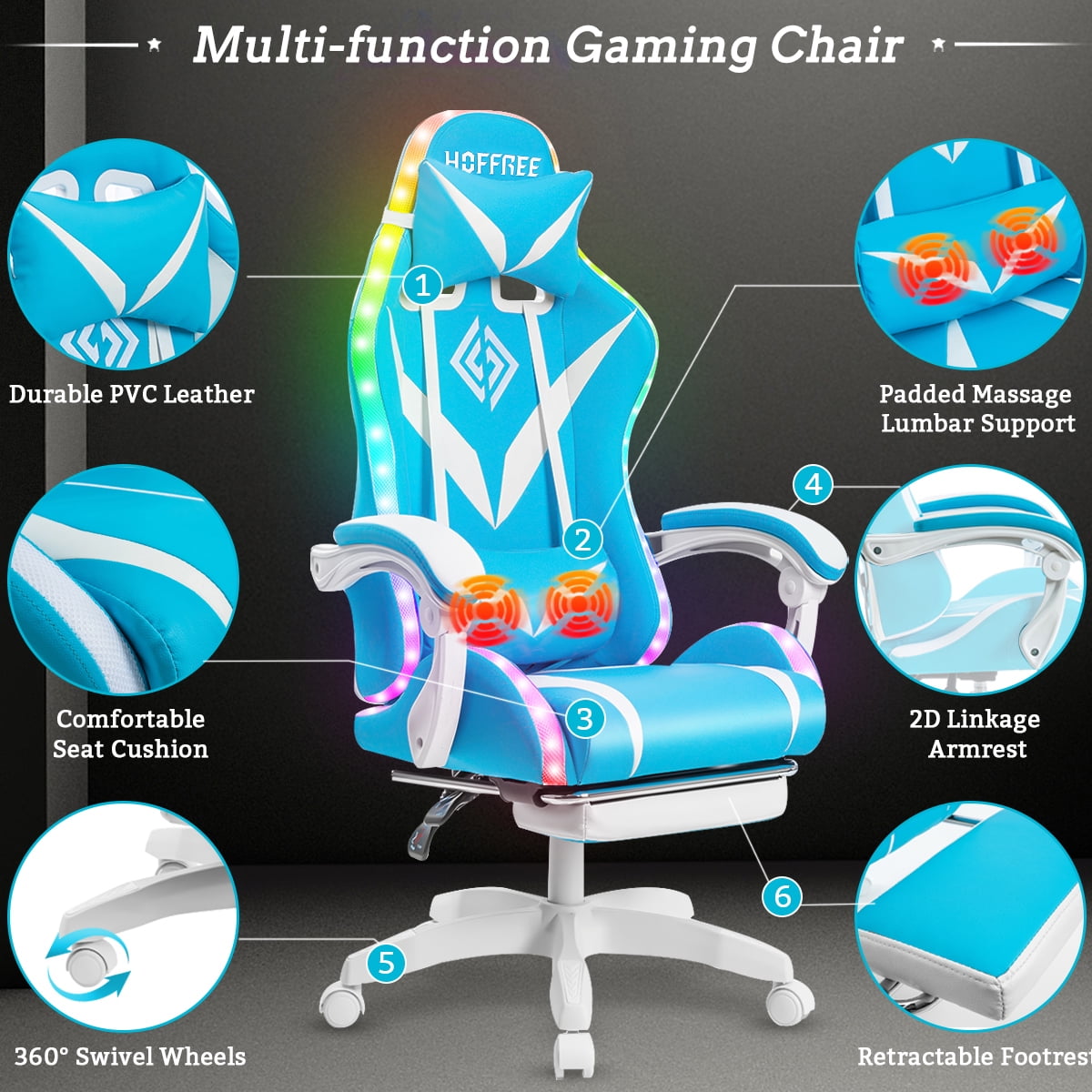 HOFFREE Gaming Chair with Massage and LED RGB Lights Ergonomic Computer Chair with Footrest High Back Video Game Chair with Adjustable Lumbar Support Linkage Armrest for Home Office
