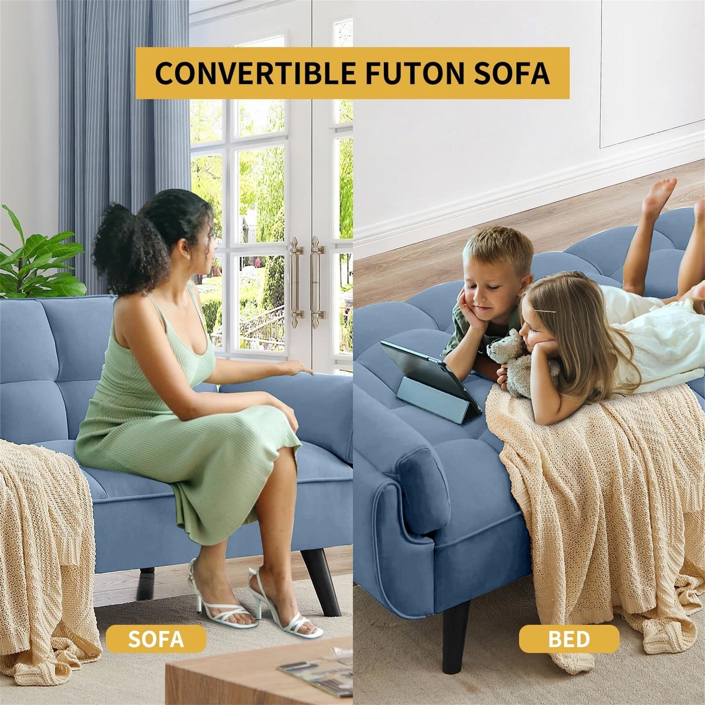 Aukfa 74in Flared Arm Futon Convertible Sofa Bed, Curved Sleeper Sofa for Home Office, Velvet, Blue