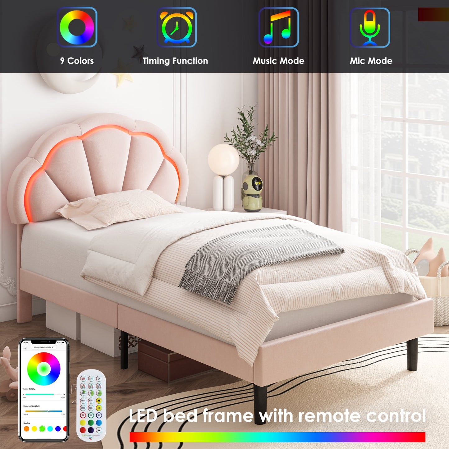 Homfa LED Bed Frame, Twin Size Velvet Upholstered Platform Bed with Adjustable Headboard, Lights Seashell Bed for Kids Girls, Pink