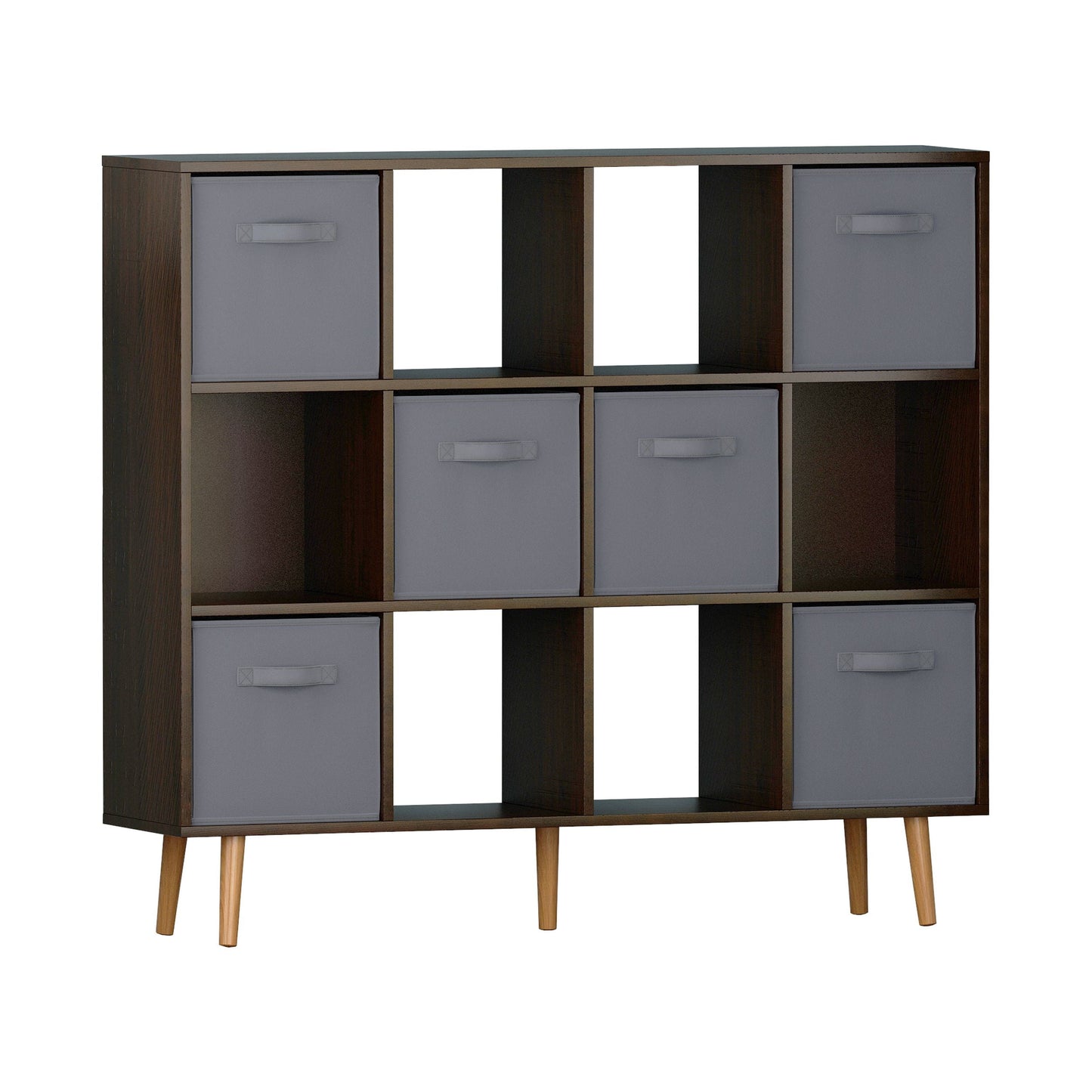 IVV 3 Tier Book Shelf with Fabric Drawers and Wood Legs, Modern Minimalist 12 Cube Open Bookcase Storage Organizer, Freestanding Display Bookcases for Small Space,Bedroom,Living Room (Brown)