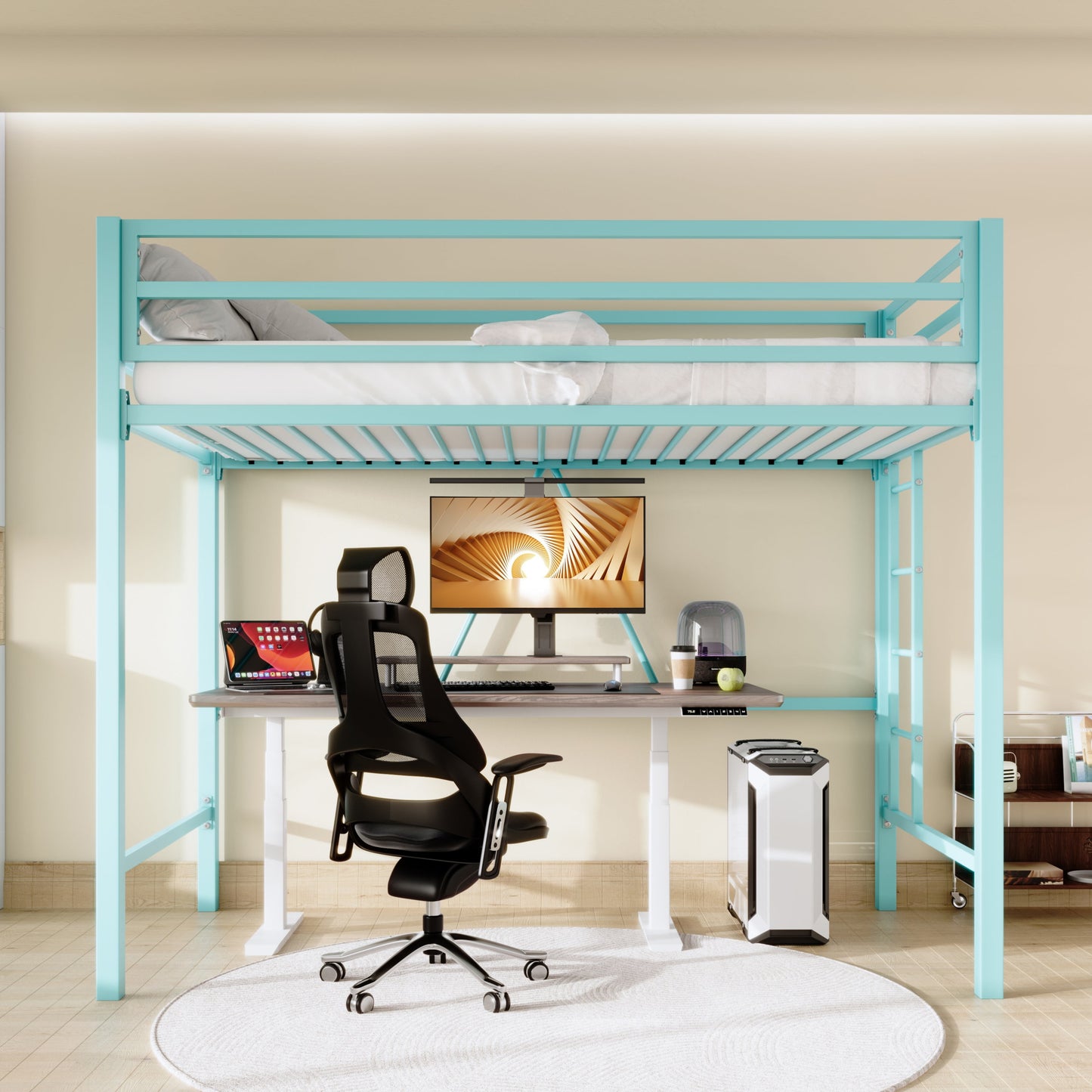 Allewie Loft-Style, Twin Size Bed, Apple Green, Heavy-Duty Metal with Guardrail & Removable Stairs