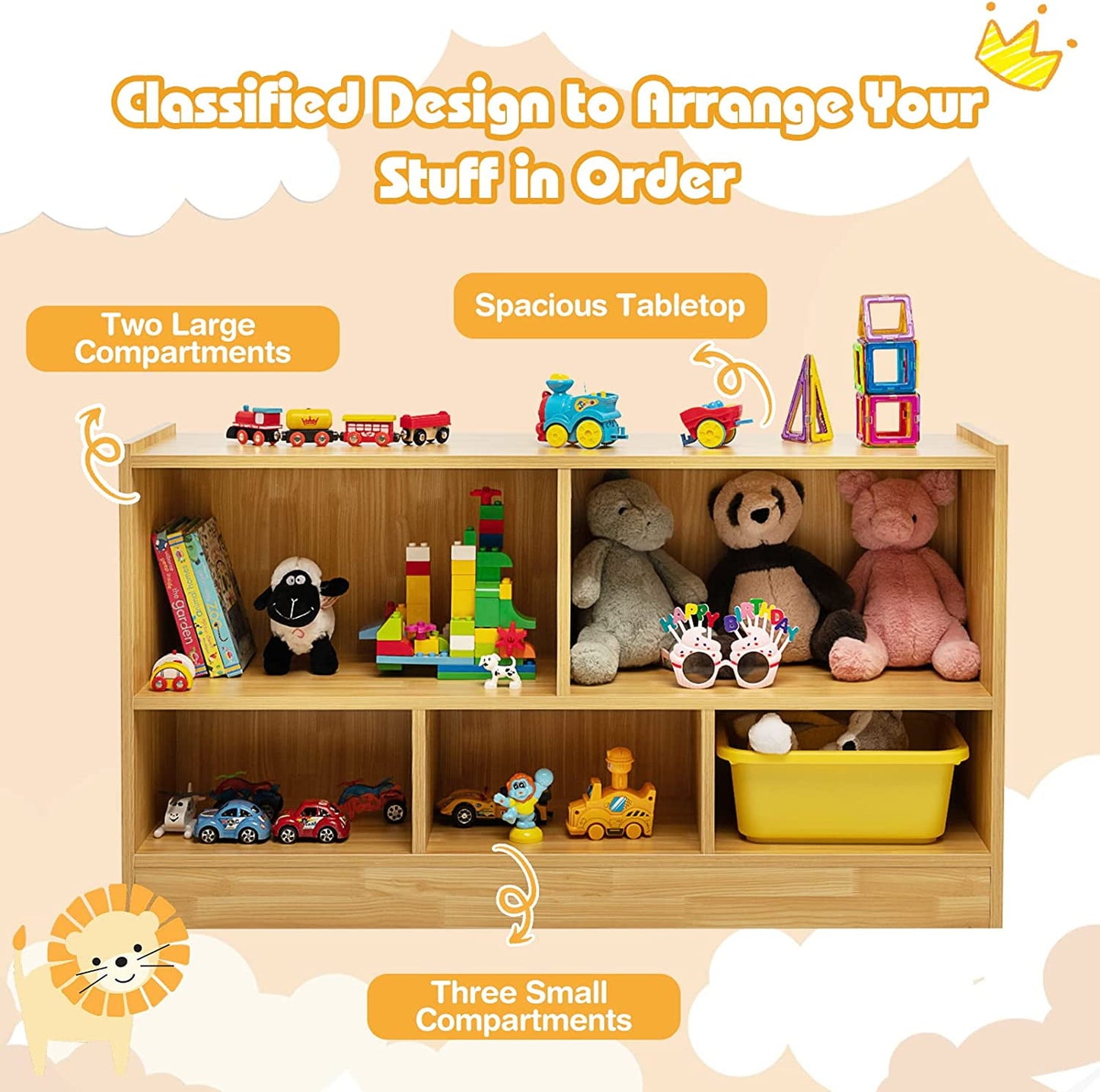 HONEY JOY Kids Toy Storage Organizer, 5-Section Storage Daycare Shelf for Preschool, Children 2-Tier Open Wooden Display Book Shelf Organizer for Classroom, Playroom & Nursery, Kindergarten(Dark Gray)