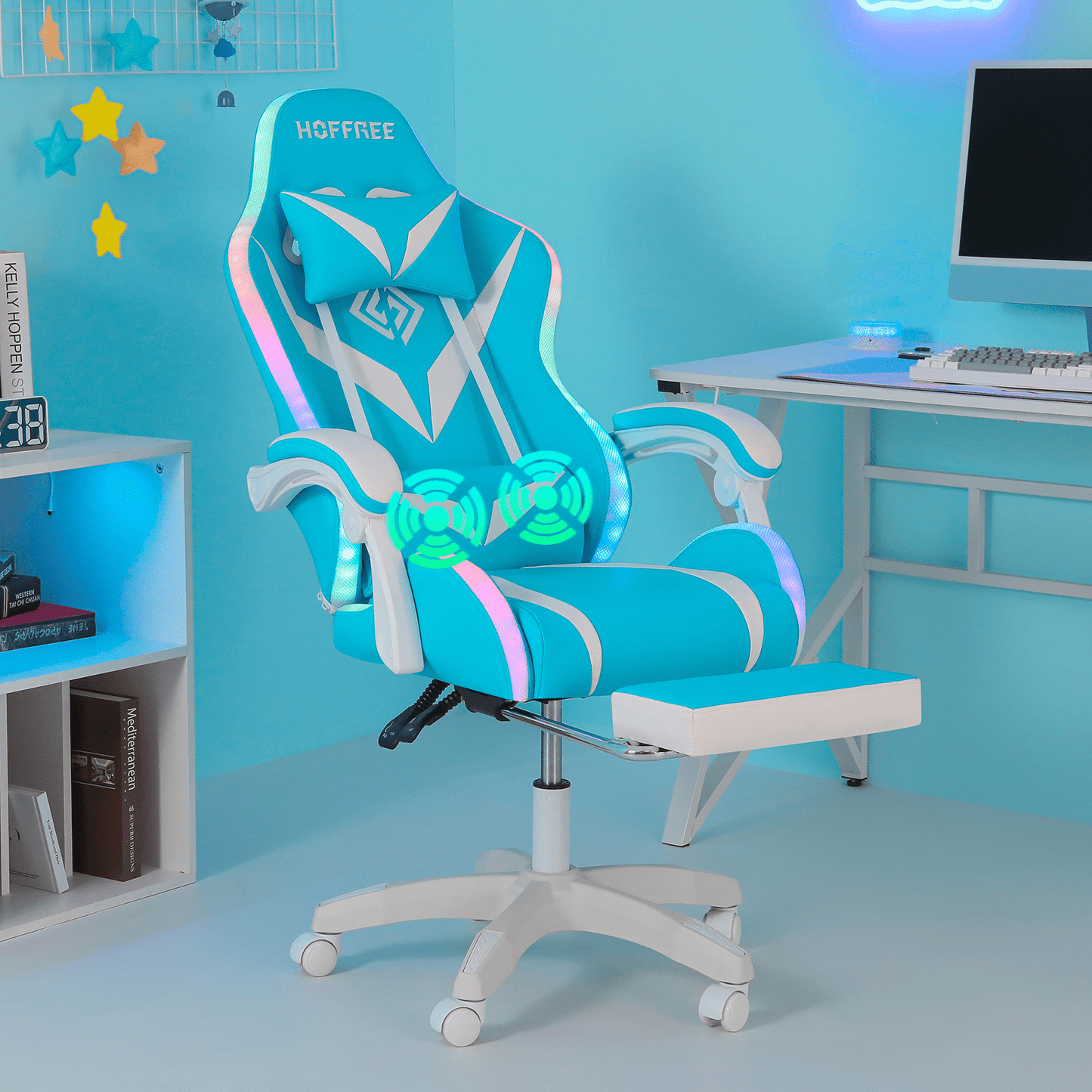 HOFFREE Gaming Chair with Massage and LED RGB Lights Ergonomic Computer Chair with Footrest High Back Video Game Chair with Adjustable Lumbar Support Linkage Armrest for Home Office