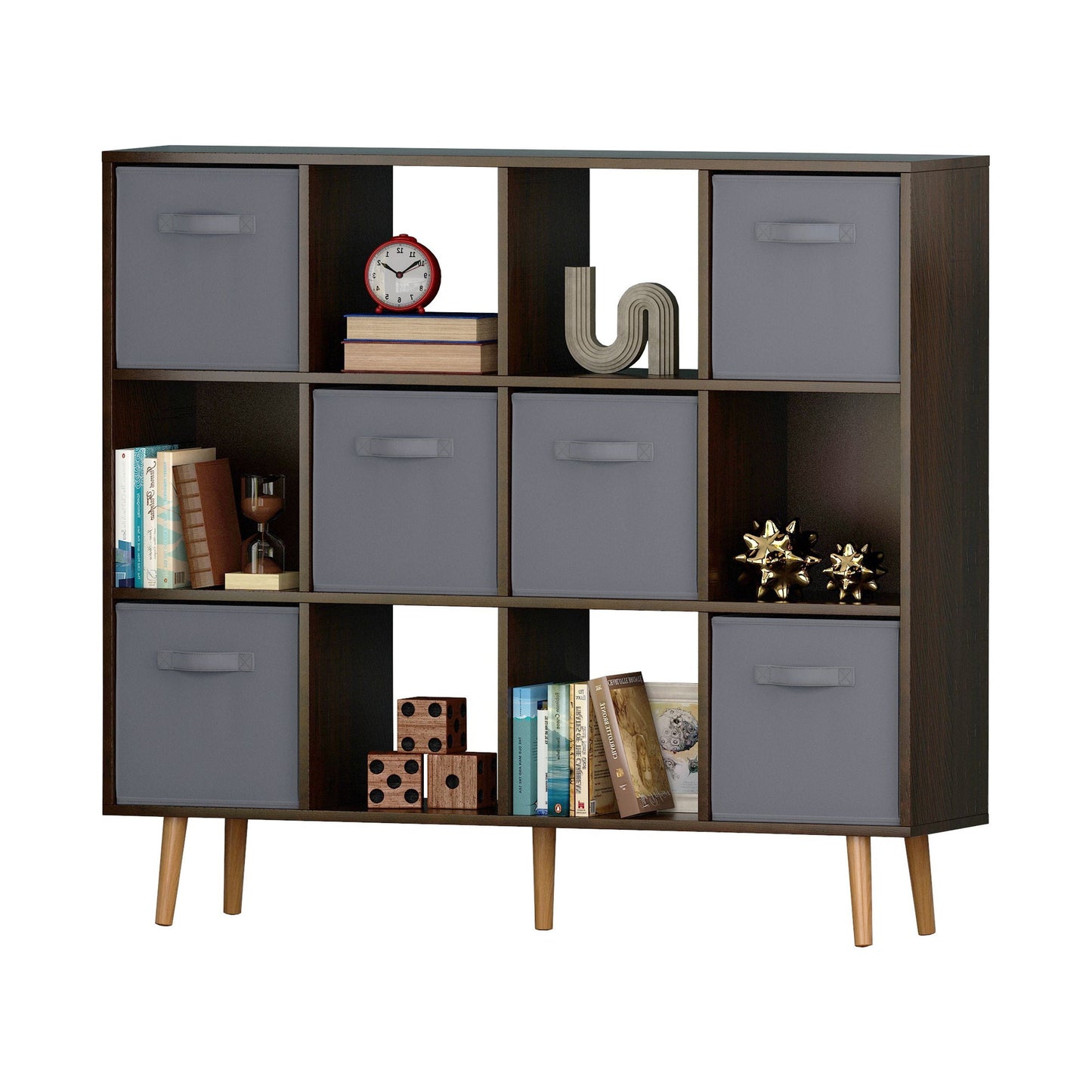 IVV 3 Tier Book Shelf with Fabric Drawers and Wood Legs, Modern Minimalist 12 Cube Open Bookcase Storage Organizer, Freestanding Display Bookcases for Small Space,Bedroom,Living Room (Brown)