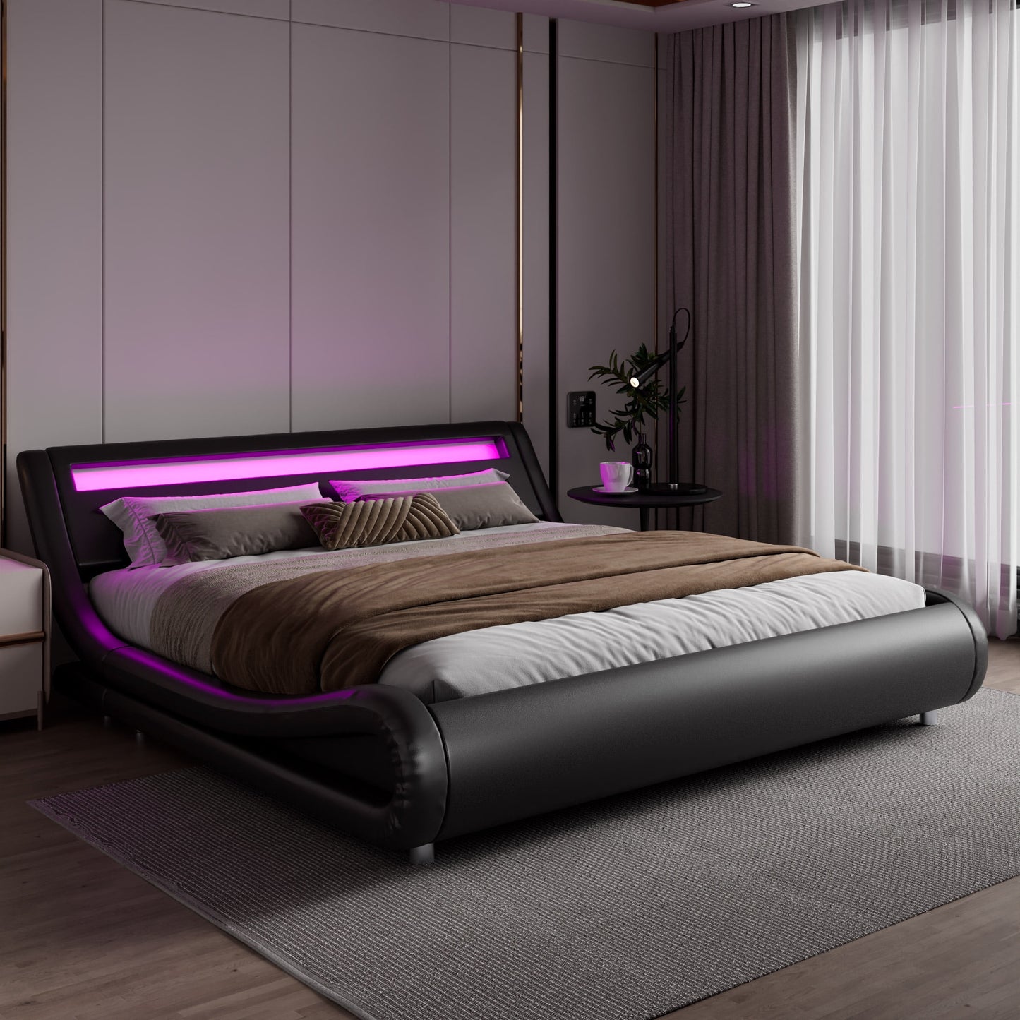 Amolife King Size Wave-like Curve Deluxe Upholstered Modern Bed Frame with LED Headboard, Dark Gray