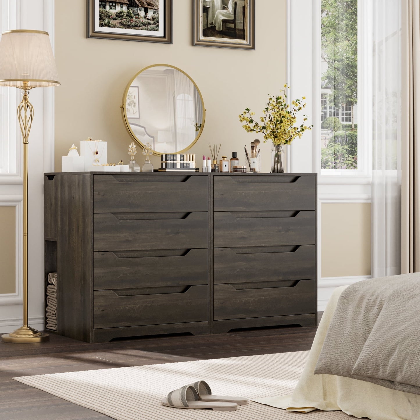 Homfa Dresser of 4 Drawers with Flip Top, Compact Nightstand Dresser Chest with Side Storage for Bedroom Living Room, Dark Brown