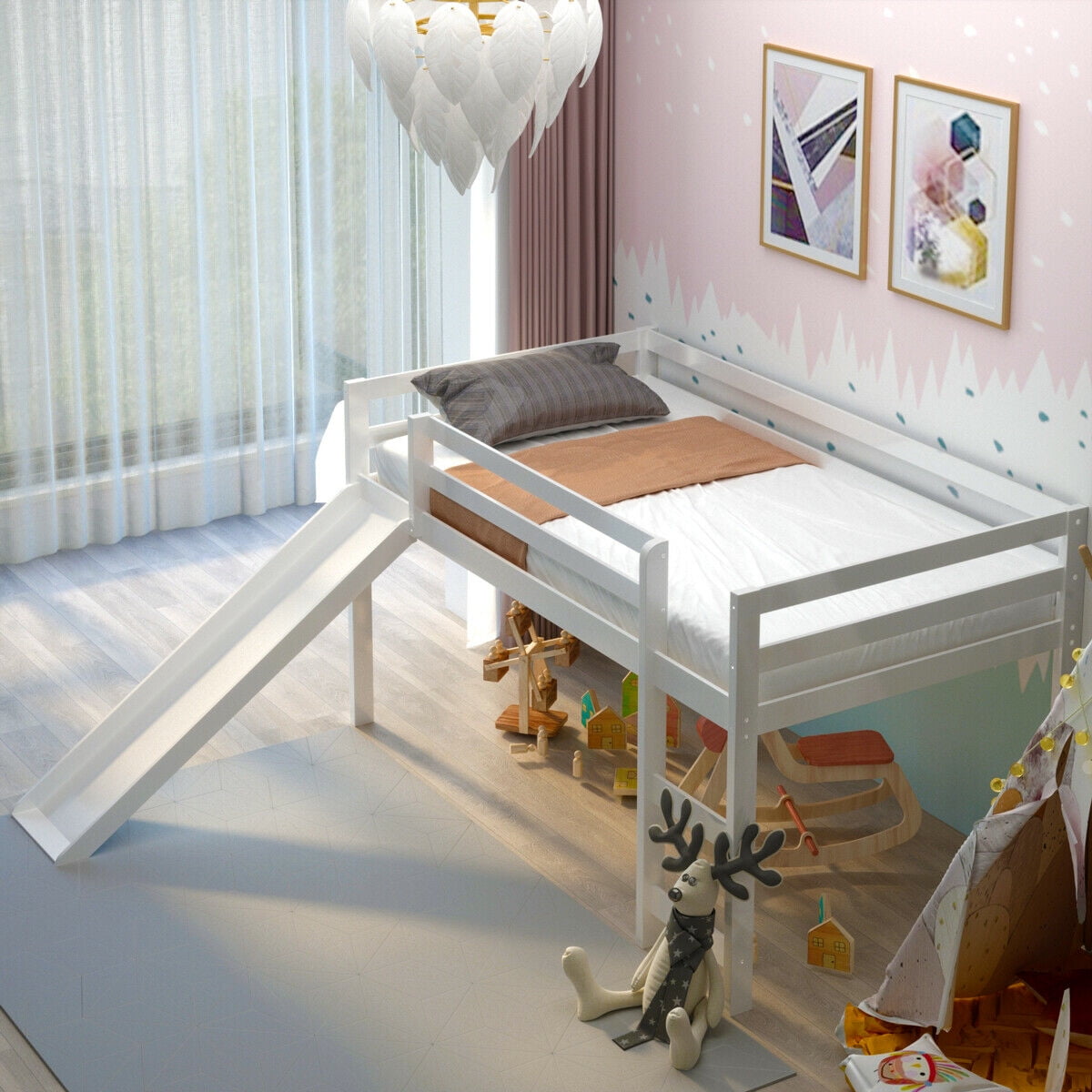 Gymax Twin Size Loft Bed with Slide Wood Low Sturdy Loft Bed for Kids Bedroom White