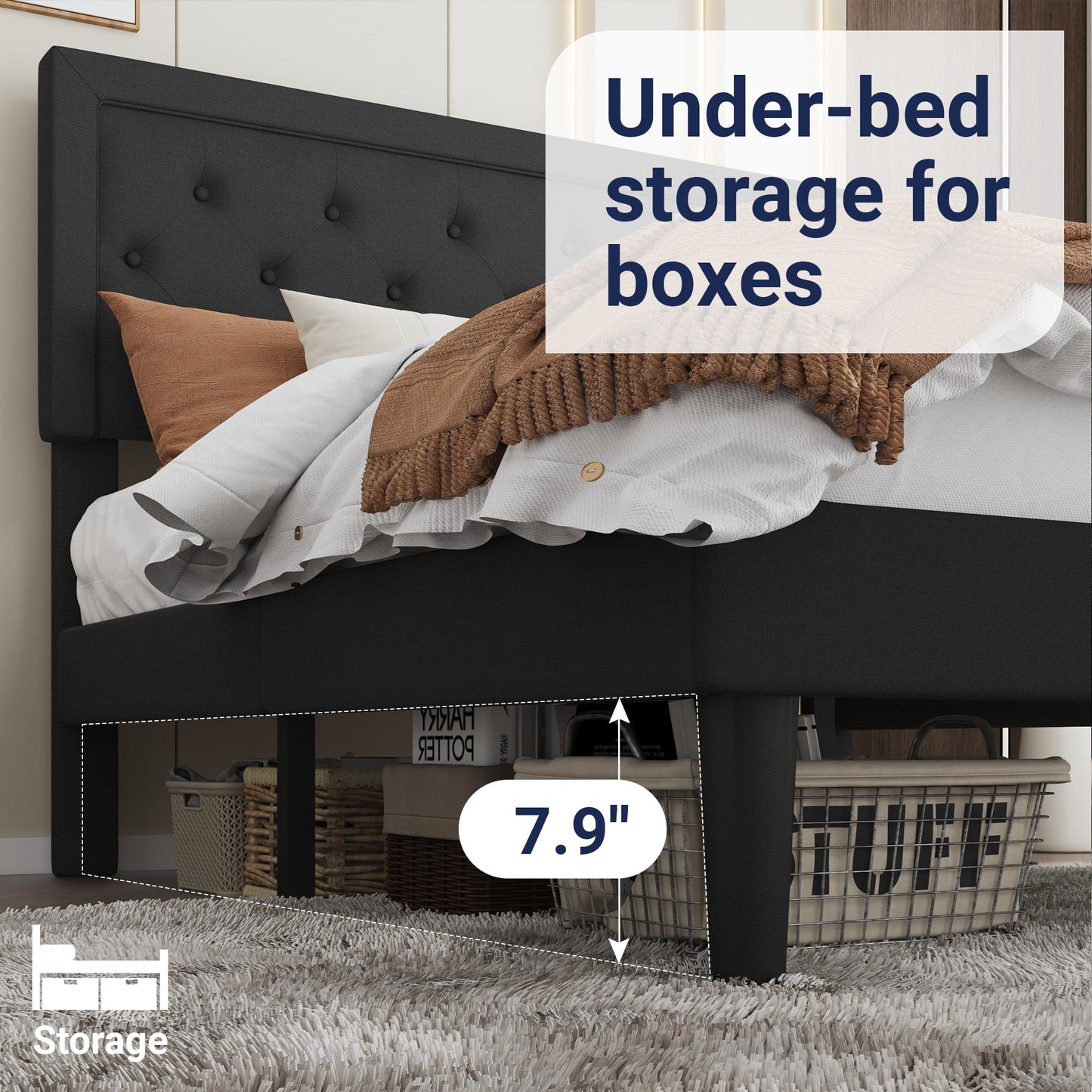 Allewie Full Size Bed Frame Upholstered Platform Bed with Adjustable Headboard, Box Spring not Needed, Black