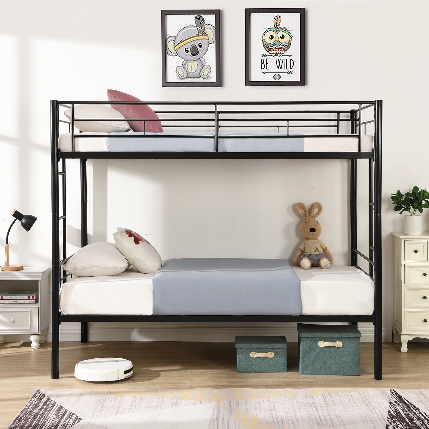 iRerts Metal Twin over Twin Bunk Bed, Convertible Bunk Beds Twin over Twin with 2 Ladders and Full-Length Guardrail, Modern Twin Bunk Beds for Adults Teens Kids Bedroom, No Box Spring Needed, Black