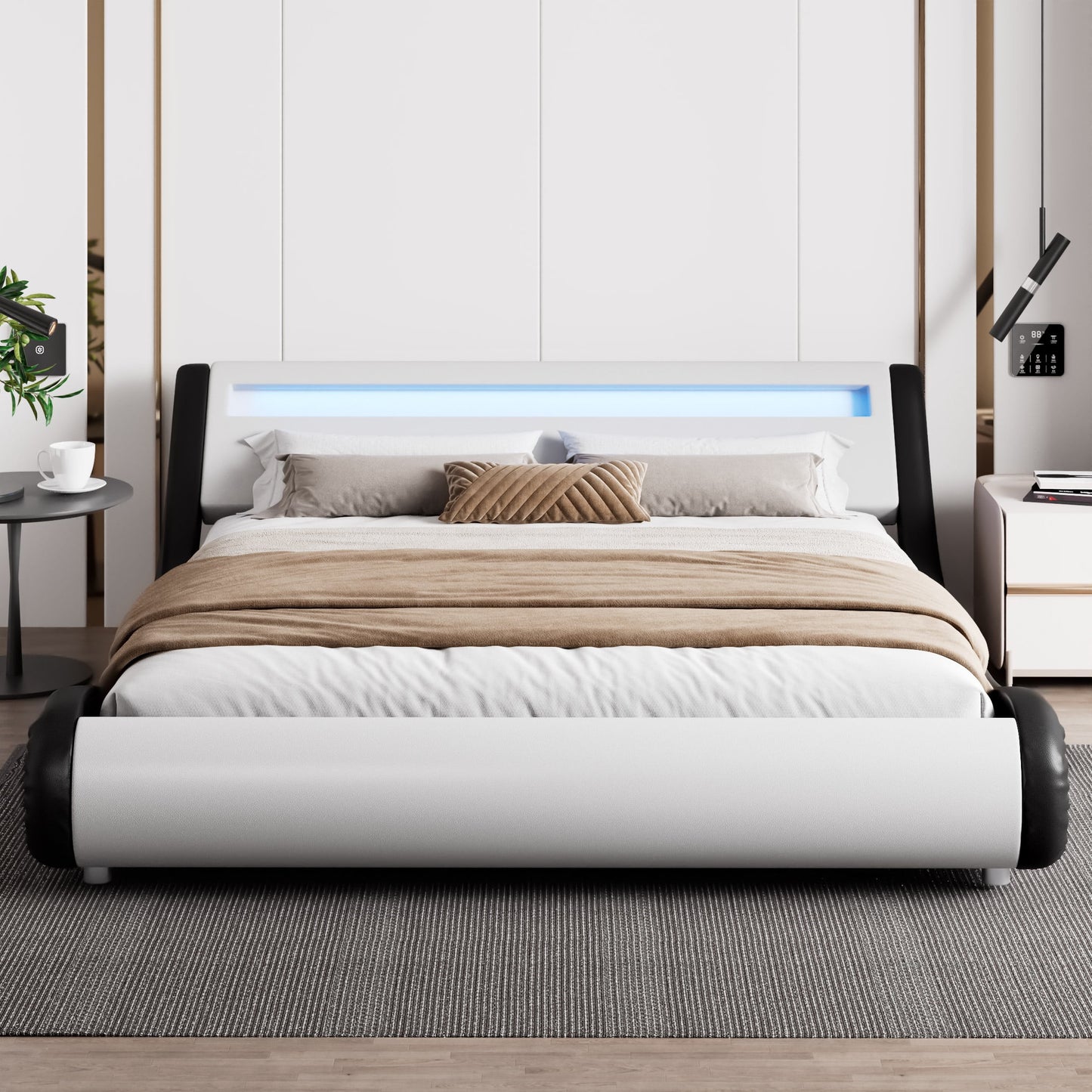 Amolife King Size Wave-like Curve Deluxe Upholstered Modern Bed Frame with LED Headboard, Black+White