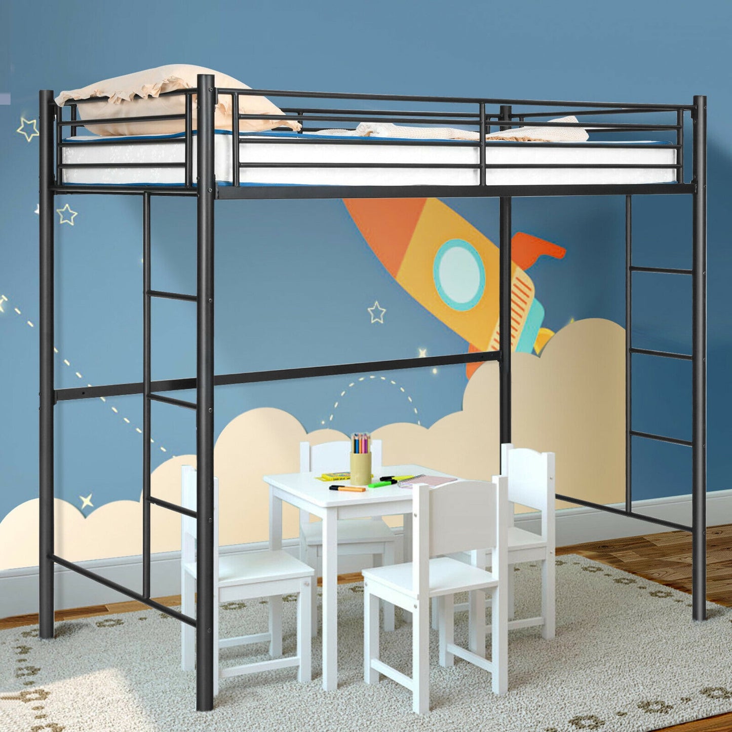 Gymax Twin Metal Loft Bed Frame w/ 2 Ladders Full-length Guardrail Space-Saving Black