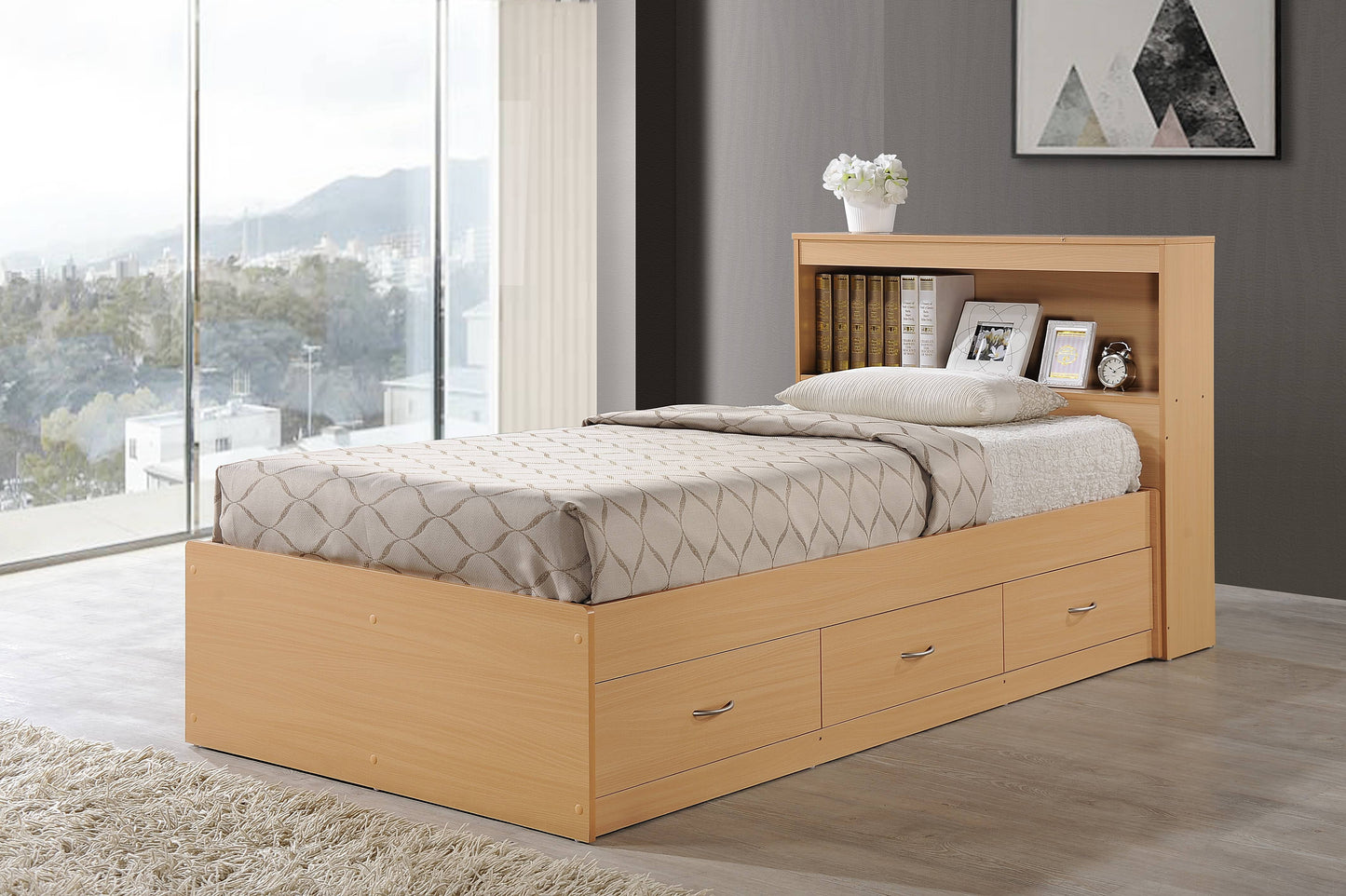Hodedah Twin-Size Captain Bed with 3-Drawers and Headboard in Beech
