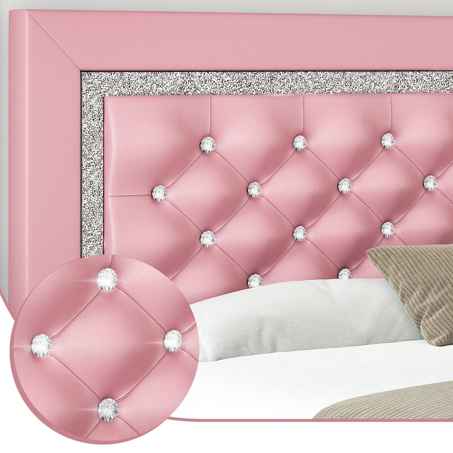 4 EVER WINNER Queen Bed Frame, Pink Queen Size Bed Frame with Headboard and Footboard, Pink