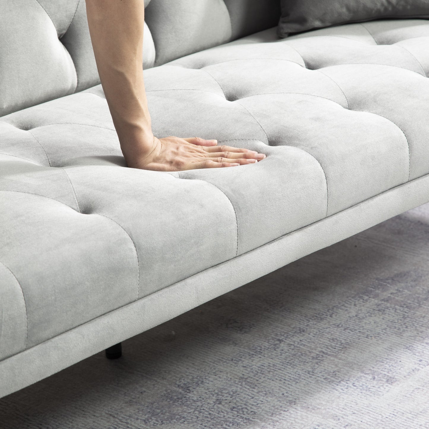 71 Inches Velvet Futon Sofa Bed with 2 Pillows,Modern Convertible Futon Couch with 3 Adjustable Backrest Angles and Gold Metal Feet,Suitable for Apartment,Living Room,Small Space,Gray