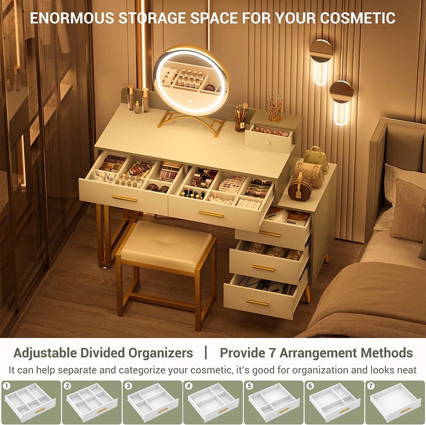 Homieasy Vanity Desk with LED Lighted Mirror, 44in Reversible Makeup Desk with 6 Drawers, Vanity Table Set with Soft Stool, Dressing Table with 3 Color Lighting Options for Women, White and Cyan