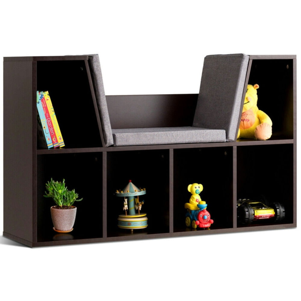 GVN 6-Cubby Kid Storage Bookcase Cushioned Reading Nook-Brown, Toy Organizers and Storage for Kids, Boys, Girls, Nursery