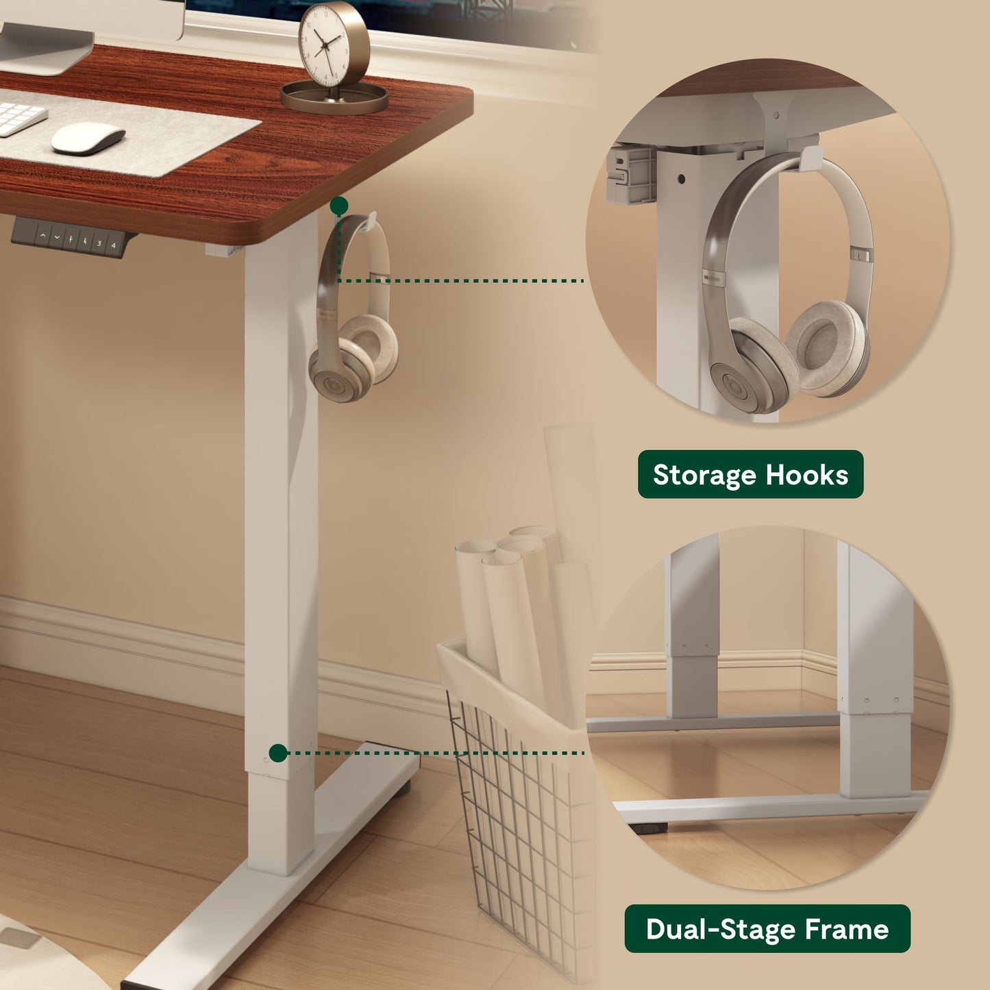 ACTIVESIT 55in x28in Home Office Height Adjustable Standing Desk with Hooks, Ergonomic Electric 2-Stage Stand Up Computer Desk, White and Mahogany