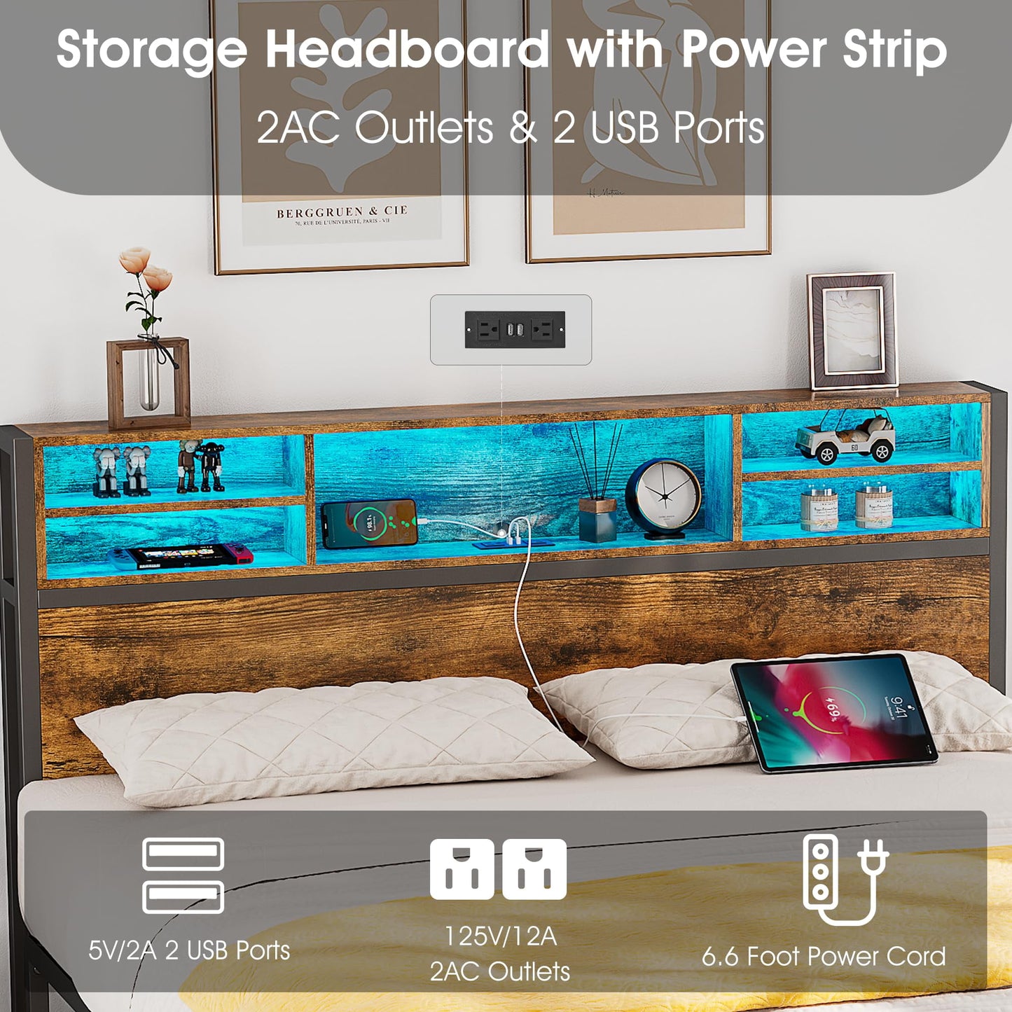 Alohappy Queen Bed Frame with LED Lights, USB Ports, Storage Headboard, Metal Platform, No Box Spring Needed