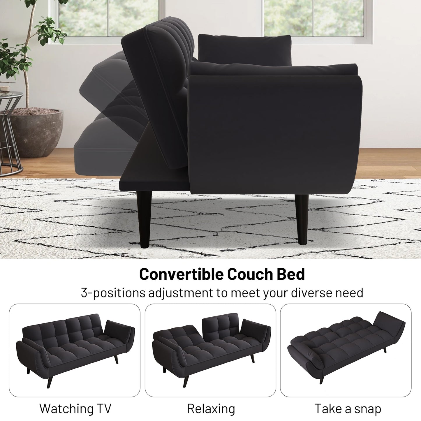 Aukfa 74in Flared Arm Futon Convertible Sofa Bed, Curved Sleeper Sofa for Home Office, Velvet, Black