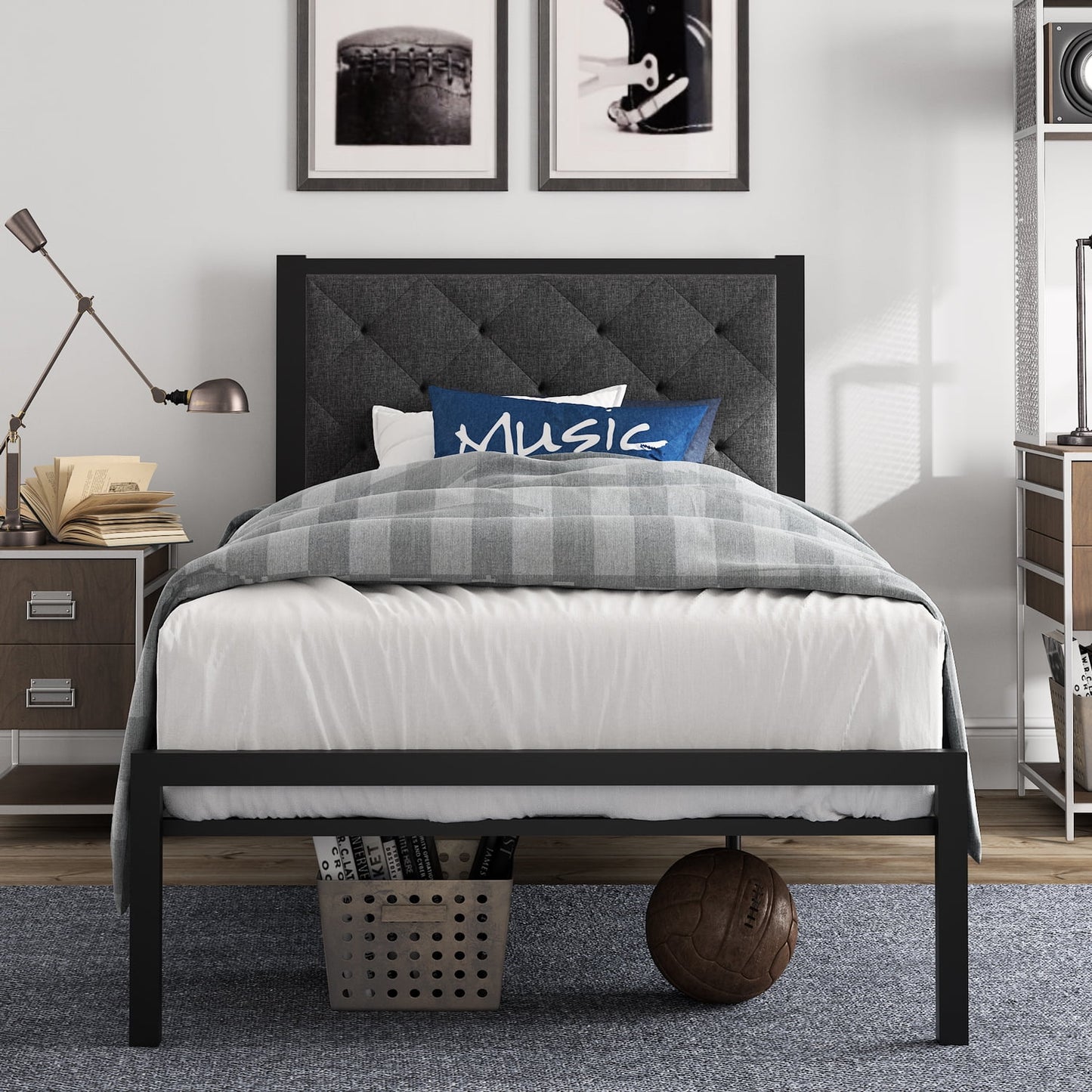Amolife Twin Size Metal Bed Frame with Upholstered Headboard, Dark Gray