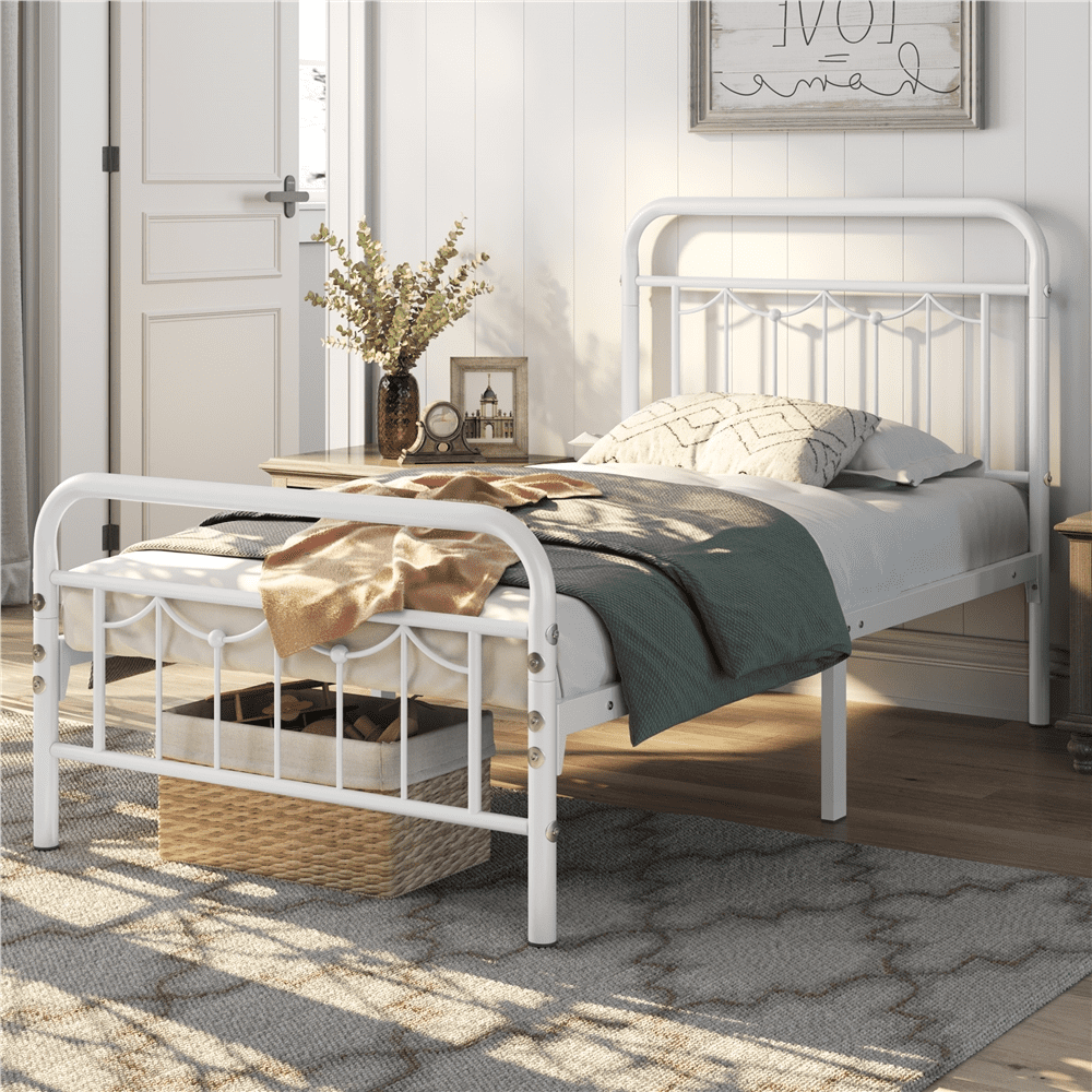 Alden Design Metal Platform Bed Frame with Vintage Headboard and Footboard, Twin, White