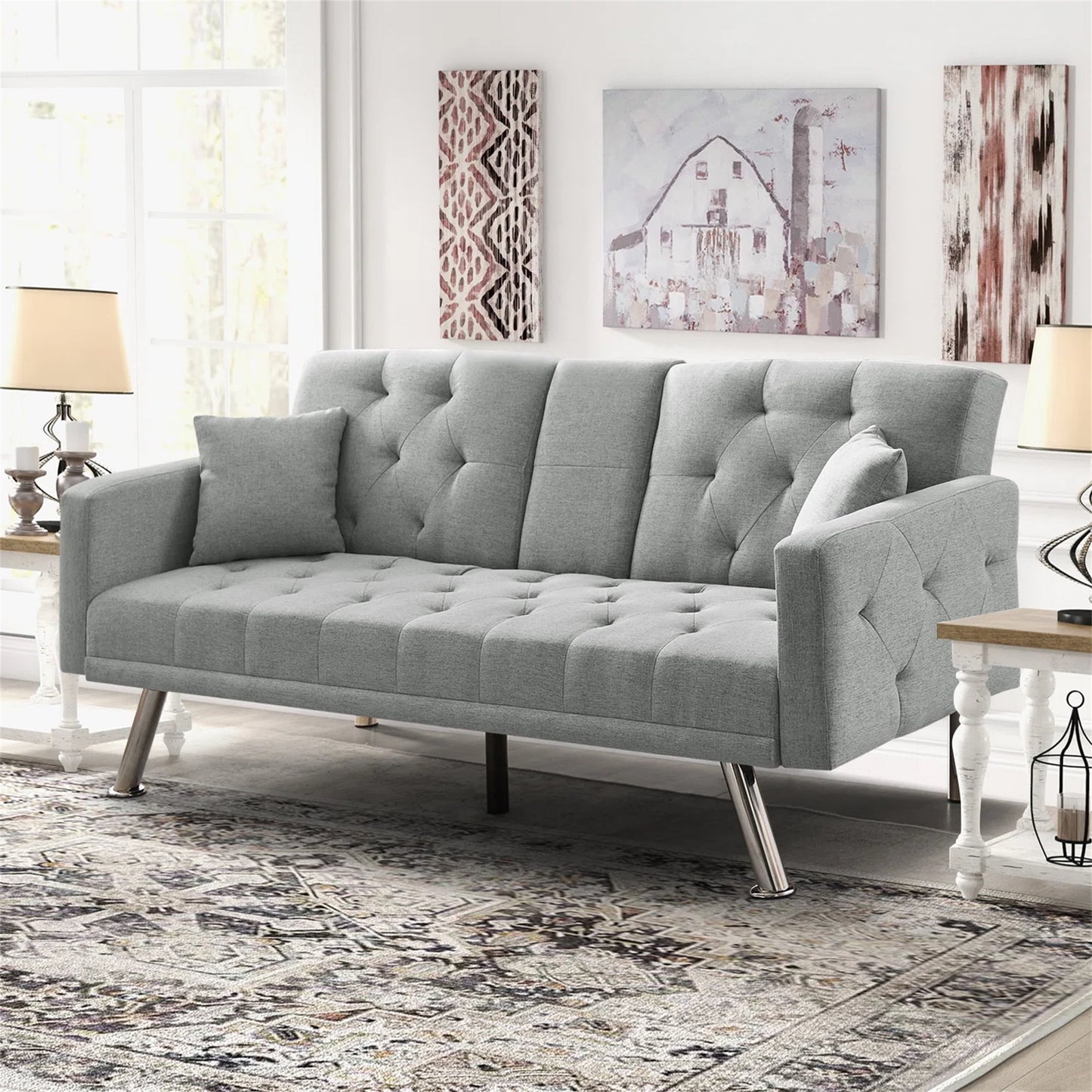 Aukfa 75in Tufted Futon Convertible Sofa Bed, Arm Couch for Home Office, 2 Cup Holders&Pillows, Gray