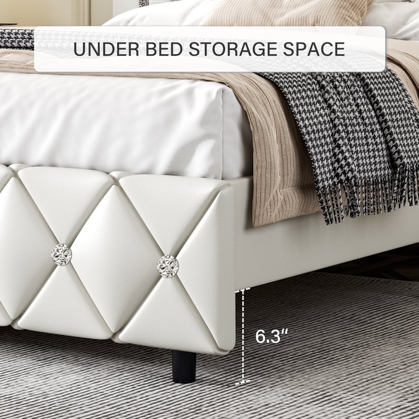 4 EVER WINNER Full Size Bed Frame with Headboard, Upholstered Platform Bed Frame, Diamond Tufted Headboard & Footboard, White