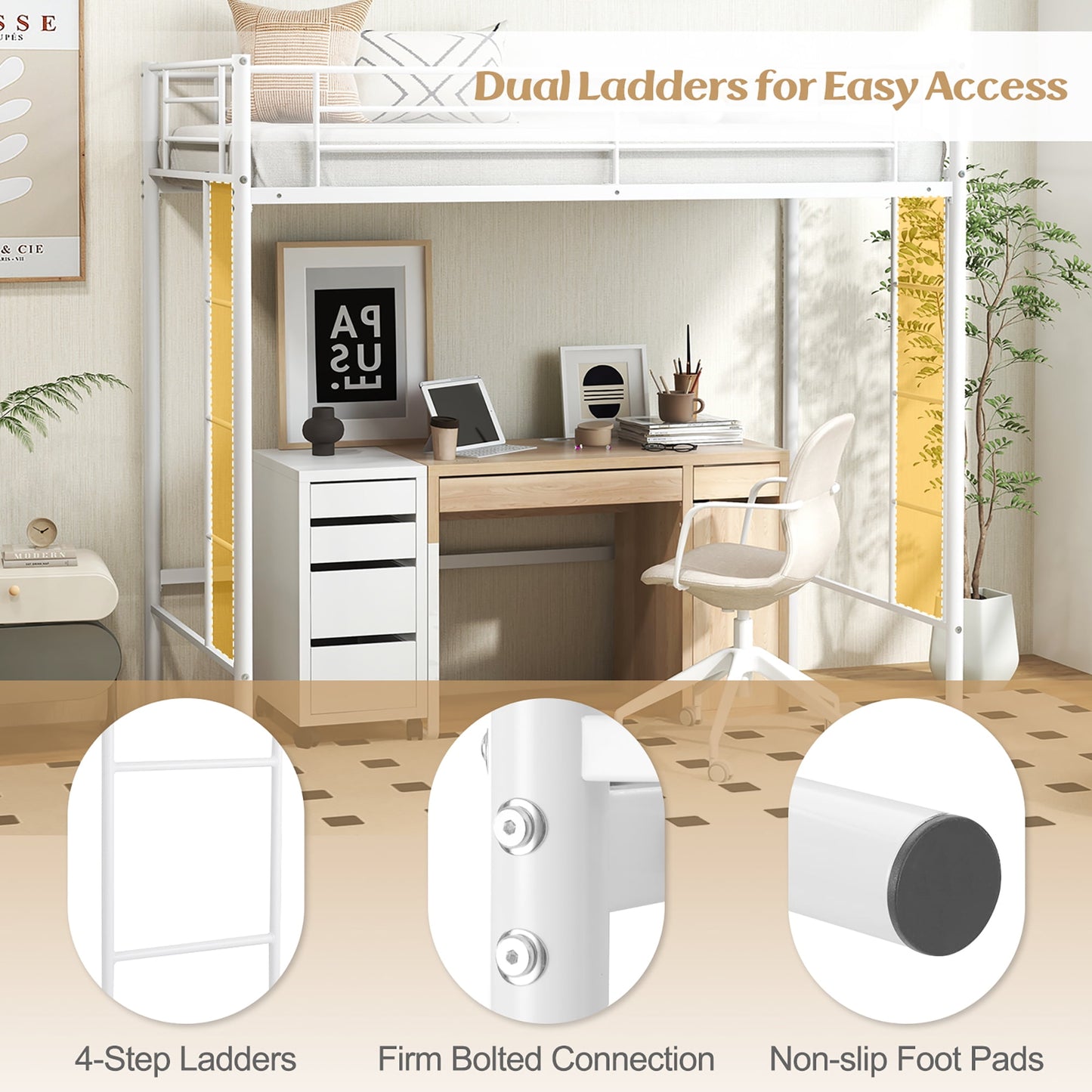 Gymax Twin Metal Loft Bed Frame w/ 2 Ladders Full-length Guardrail Space-Saving White