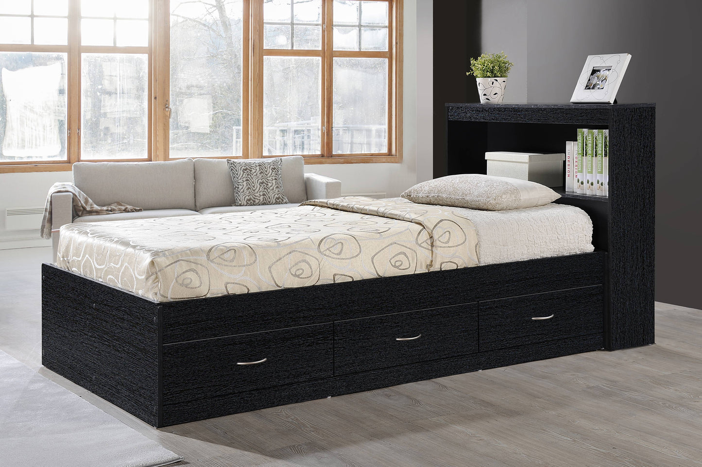 Hodedah Twin-Size Captain Bed with 3-Drawers and Headboard in Black