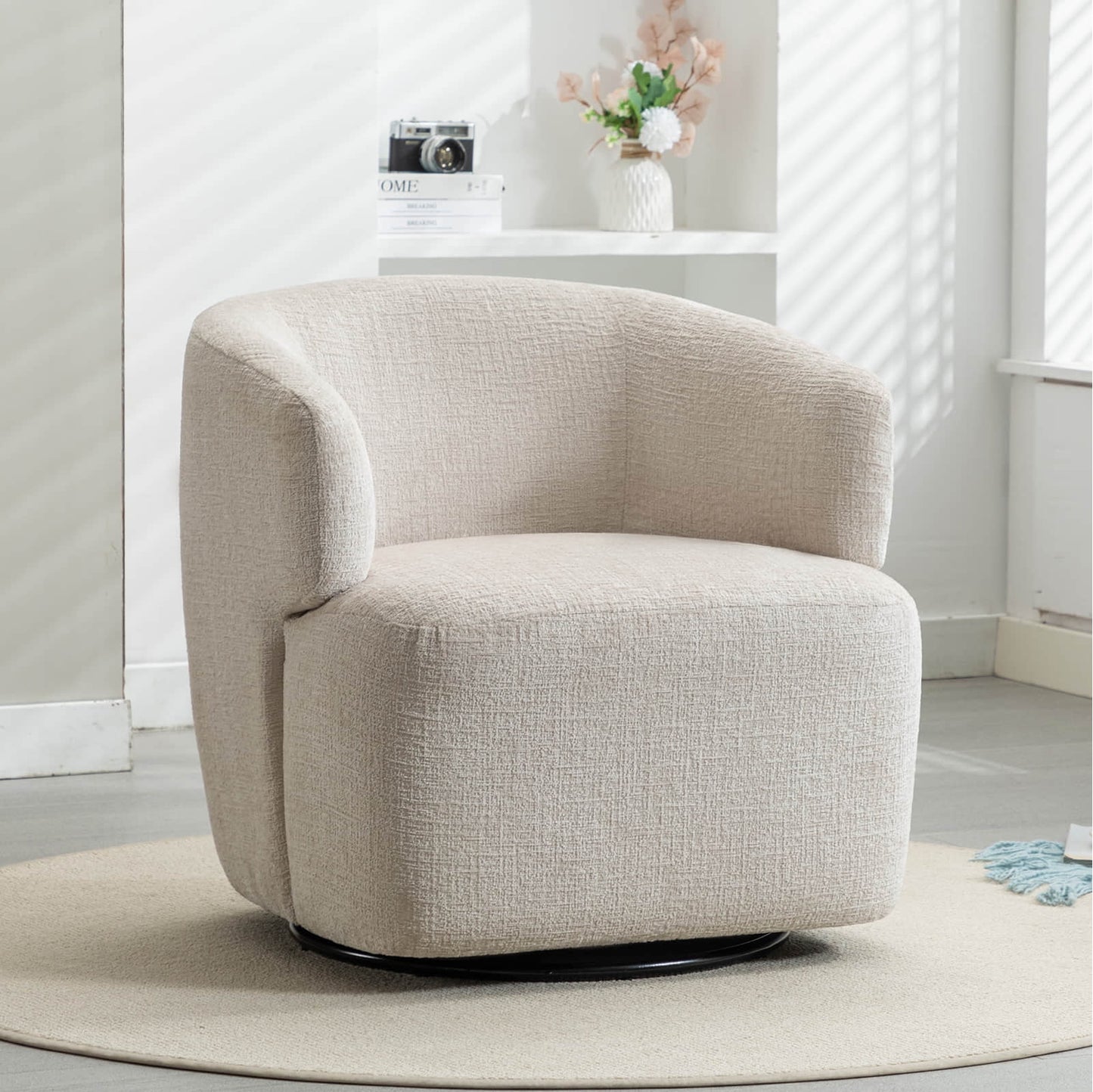 30in Wide Chenille Upholstered Swivel Accent Chair Boucle Swivel Barrel Chair
