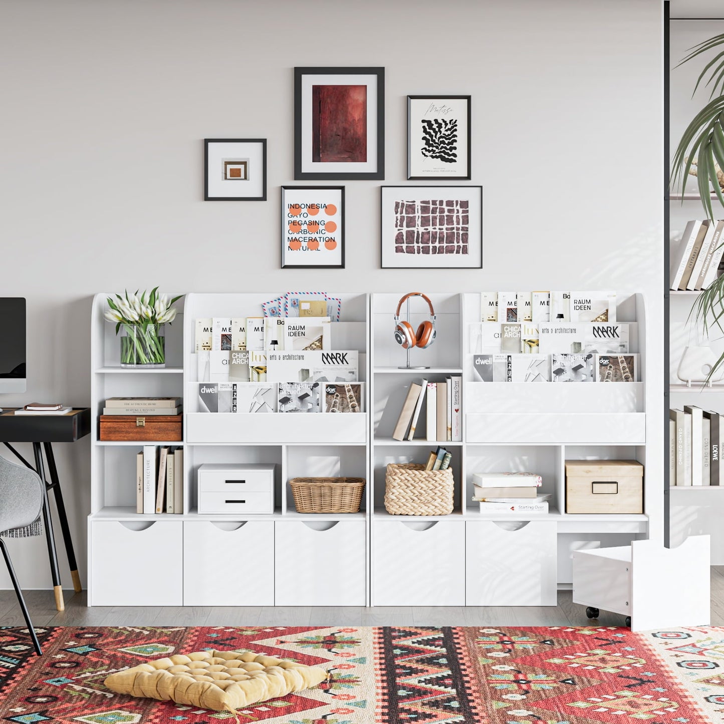 Homfa Kid's Bookshelf with 3 Movable Drawers, 5-Cube Bookcase with 4-Tier Display Stand, Toy Storage Organizer for Bedroom Playroom, White