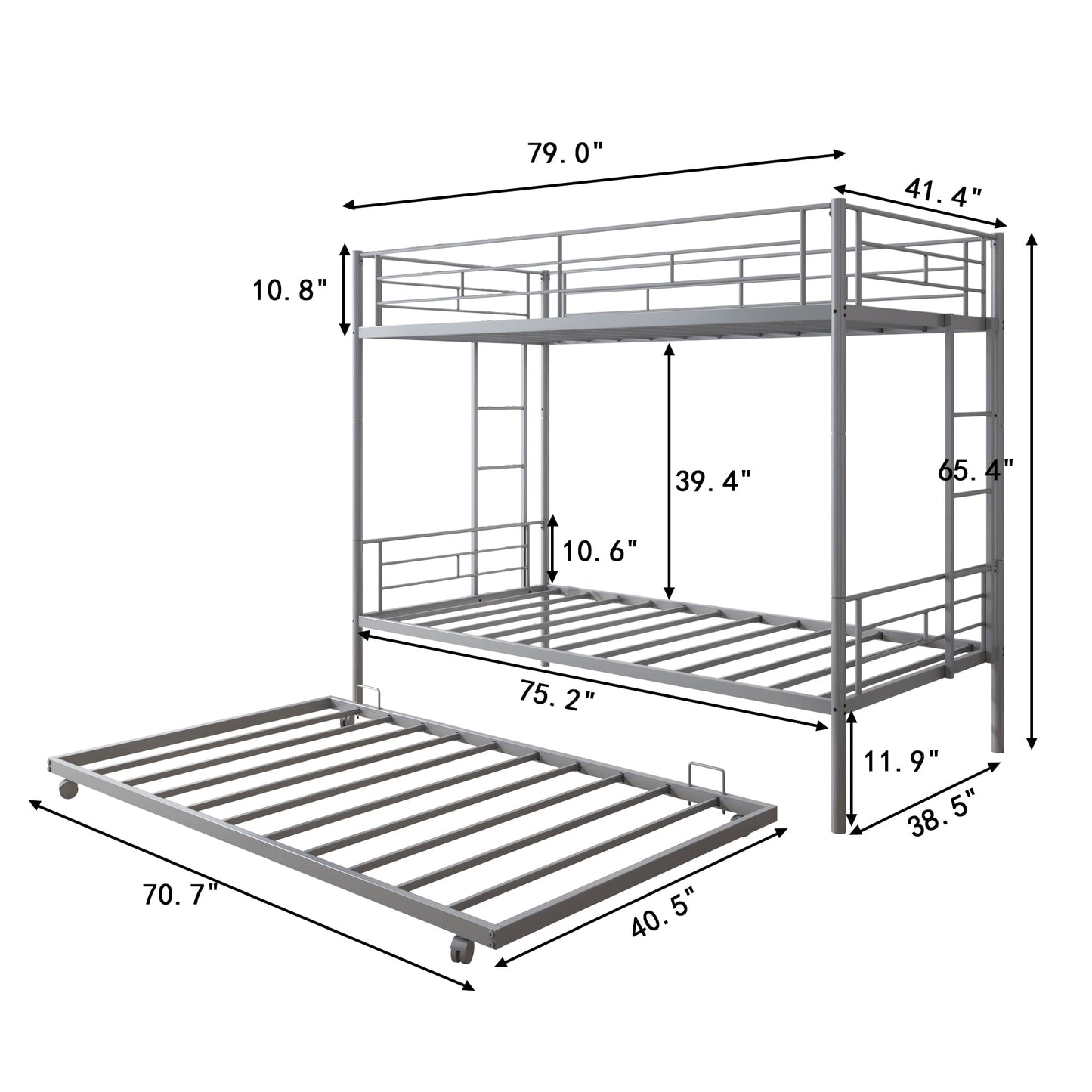 Heavy Duty Kids Twin Over Twin Metal Bunk Bed with Flat Ladder & Safety Guardrail, Convertible Trundle Bed Frame for Dorm, Bedroom, Guest Room, No Box Spring Needed, Silver, D6554