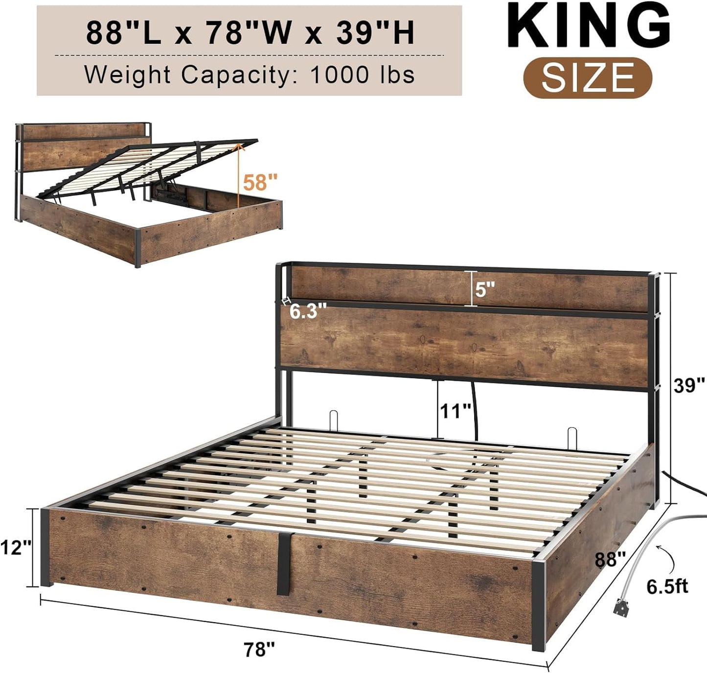 AMERLIFE King Size Lift Up Storage Bed Frame, Wooden Platform Bed Frame with Lifting Storage & Charging Station, No Spring Box Needed/Noise Free, Rustic Brown