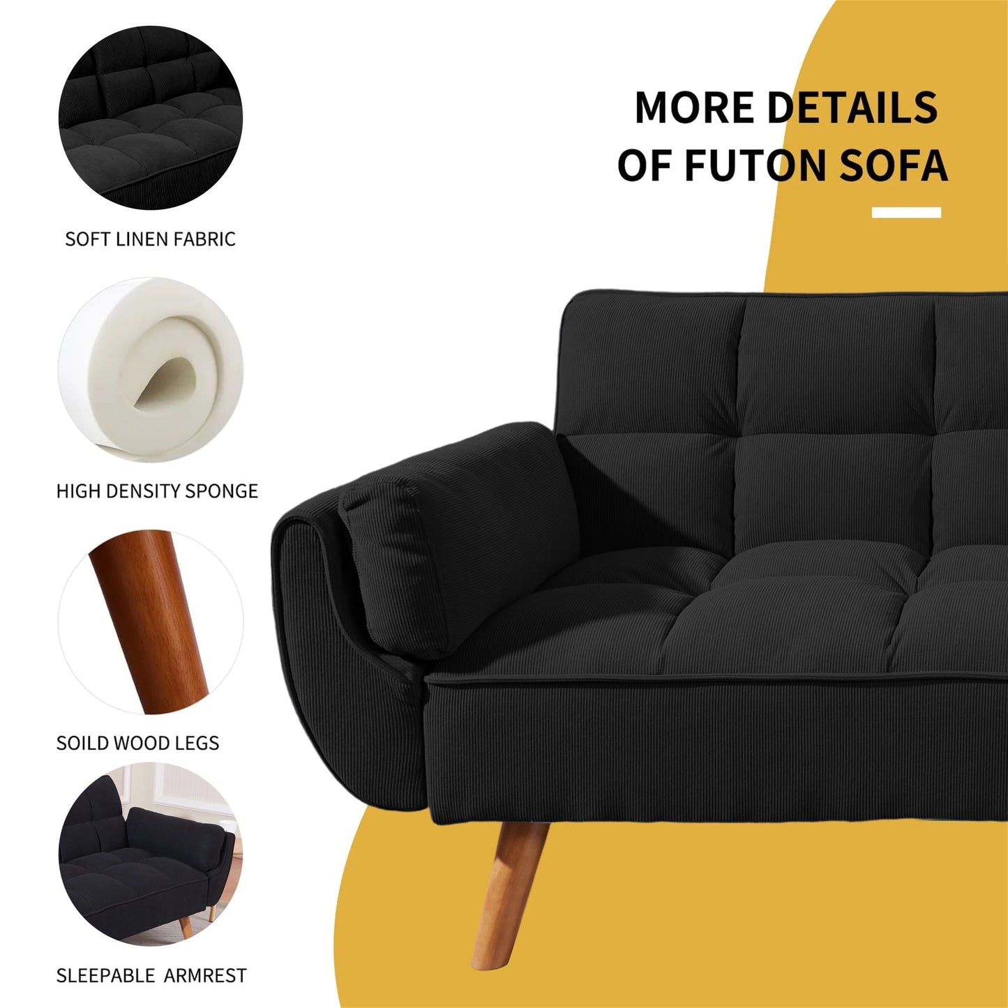 Aukfa 75in Flared Arm Futon Convertible Sofa Bed, Curved Sleeper Sofa for Home Office, Corduroy, Black