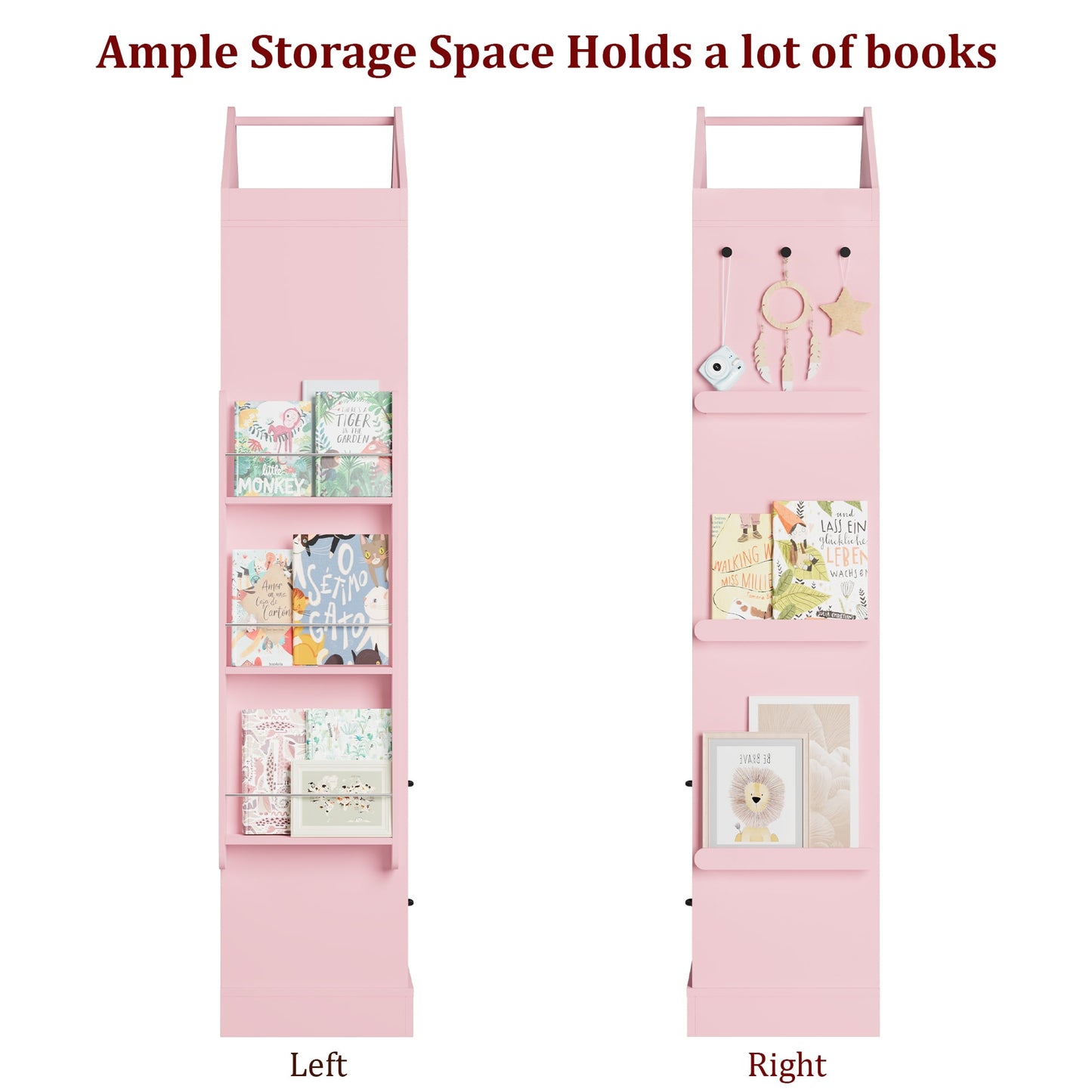 Homfa 71in Tall Kids Bookcase with 2 Drawers & 3-Tier Shelves, Wooden Triangular Top Bookshelf with Side Book Racks for Kids Room, Pink