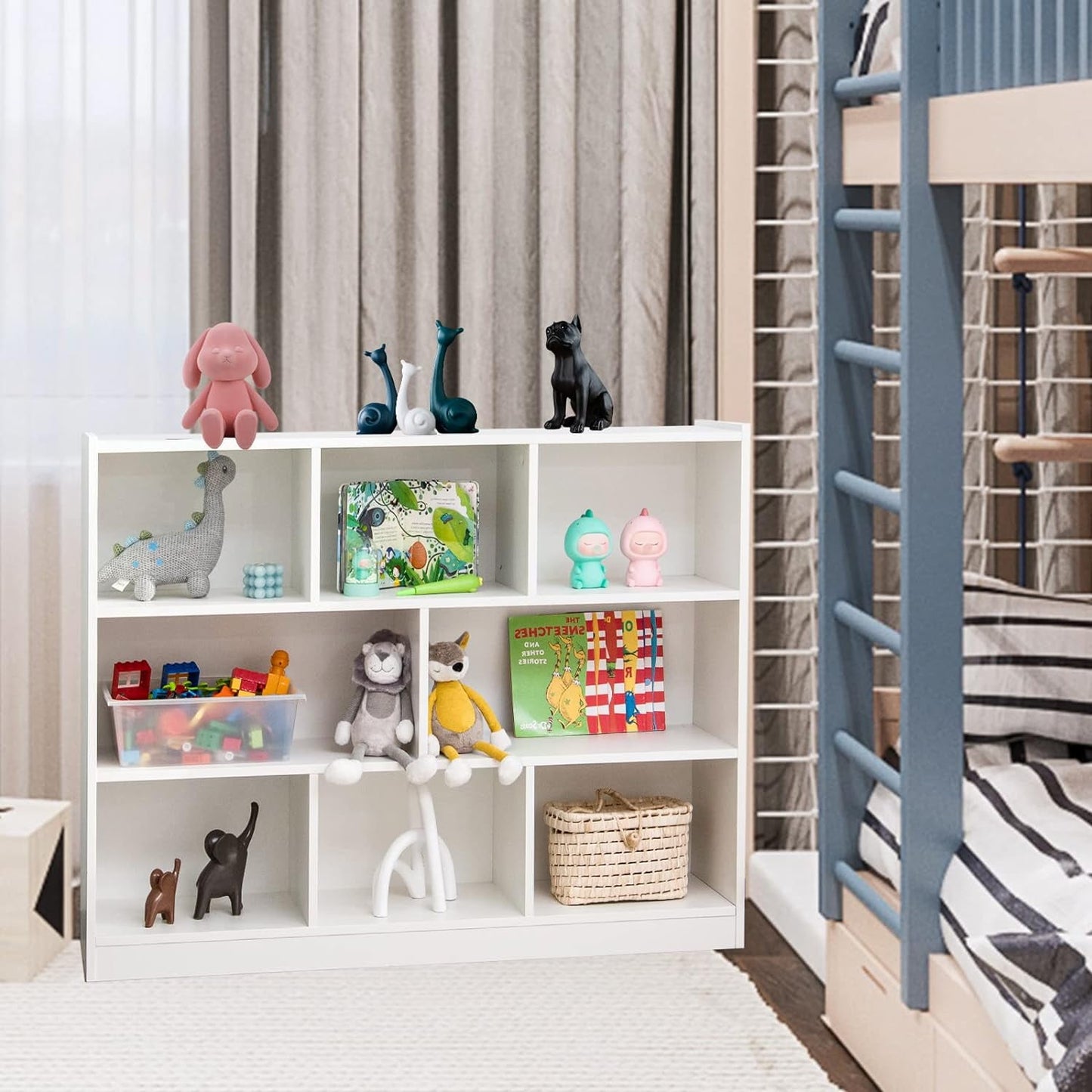 HOMEZY Kids Montessori Shelf, 8-Cube Wooden Toy Storage Organizer, 3 Tier Open Kids Bookshelf for Classroom, Bedroom & Playroom, White