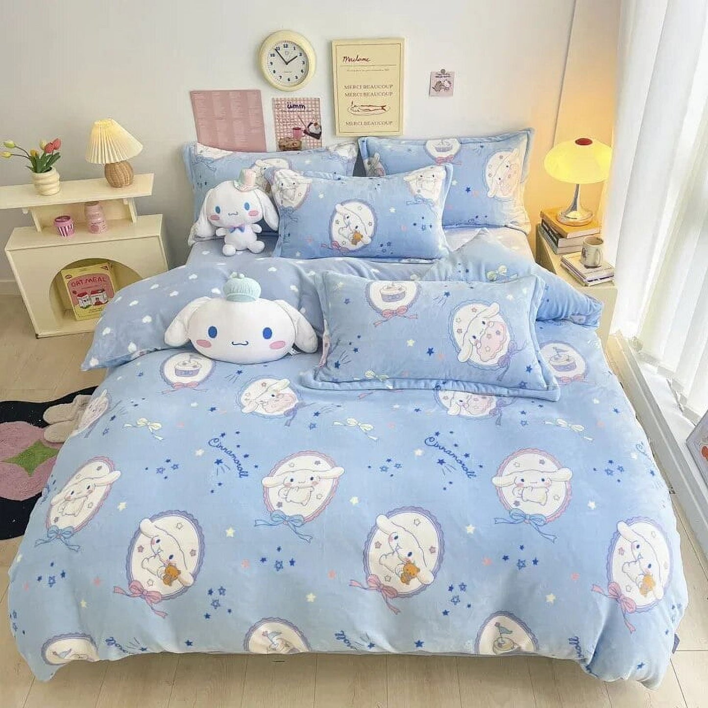 3/4Pcs Set Sanrio Hello Kitty Kuromi Bed Sheet Kawaii My Melody Thickened Milk Fiber Warm Bedding Suit Sets Cute Bed Supplies