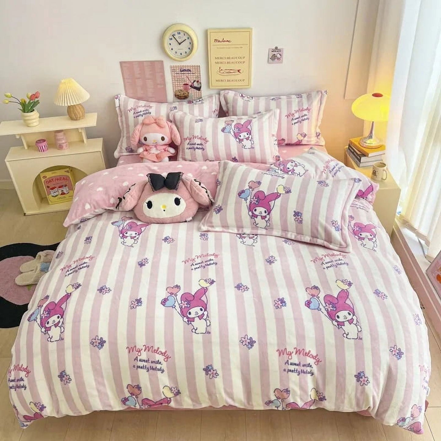 3/4Pcs Set Sanrio Hello Kitty Kuromi Bed Sheet Kawaii My Melody Thickened Milk Fiber Warm Bedding Suit Sets Cute Bed Supplies